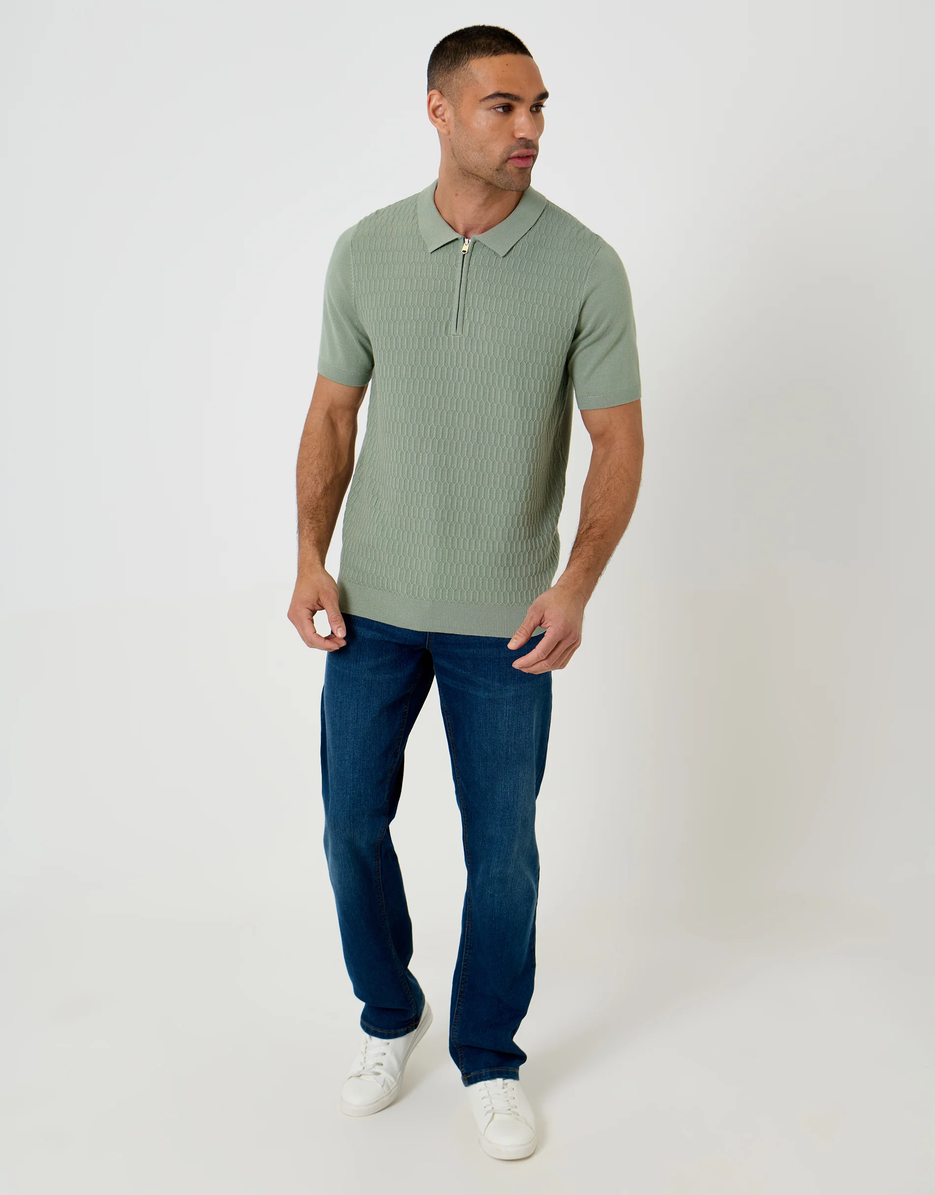 Textured Knit Quarter Zip Polo in Sage Green - Image 3