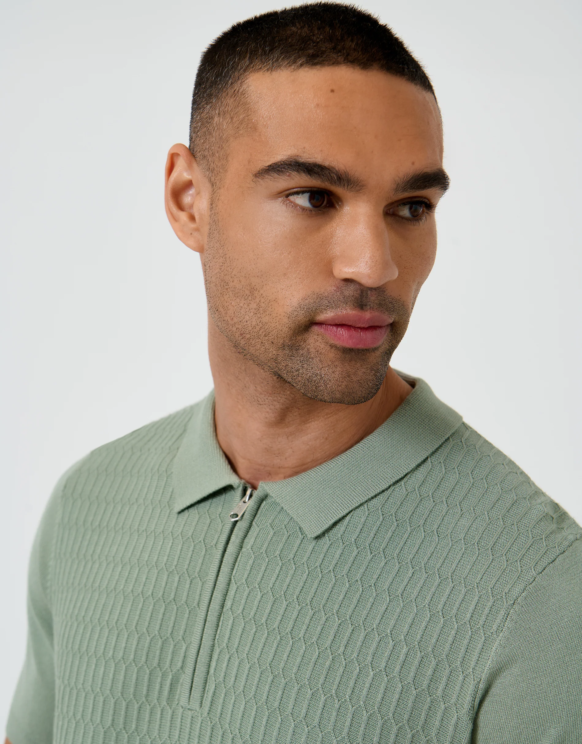 Textured Knit Quarter Zip Polo in Sage Green - Image 4