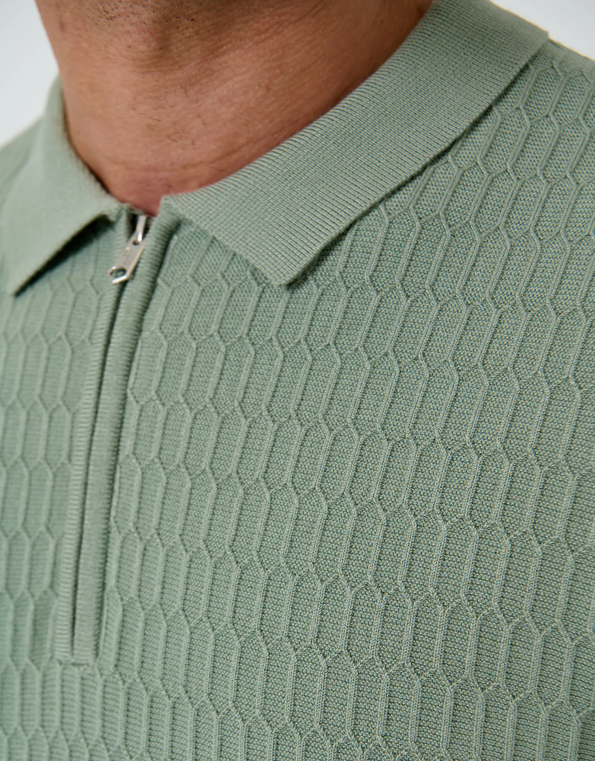 Textured Knit Quarter Zip Polo in Sage Green - Image 5