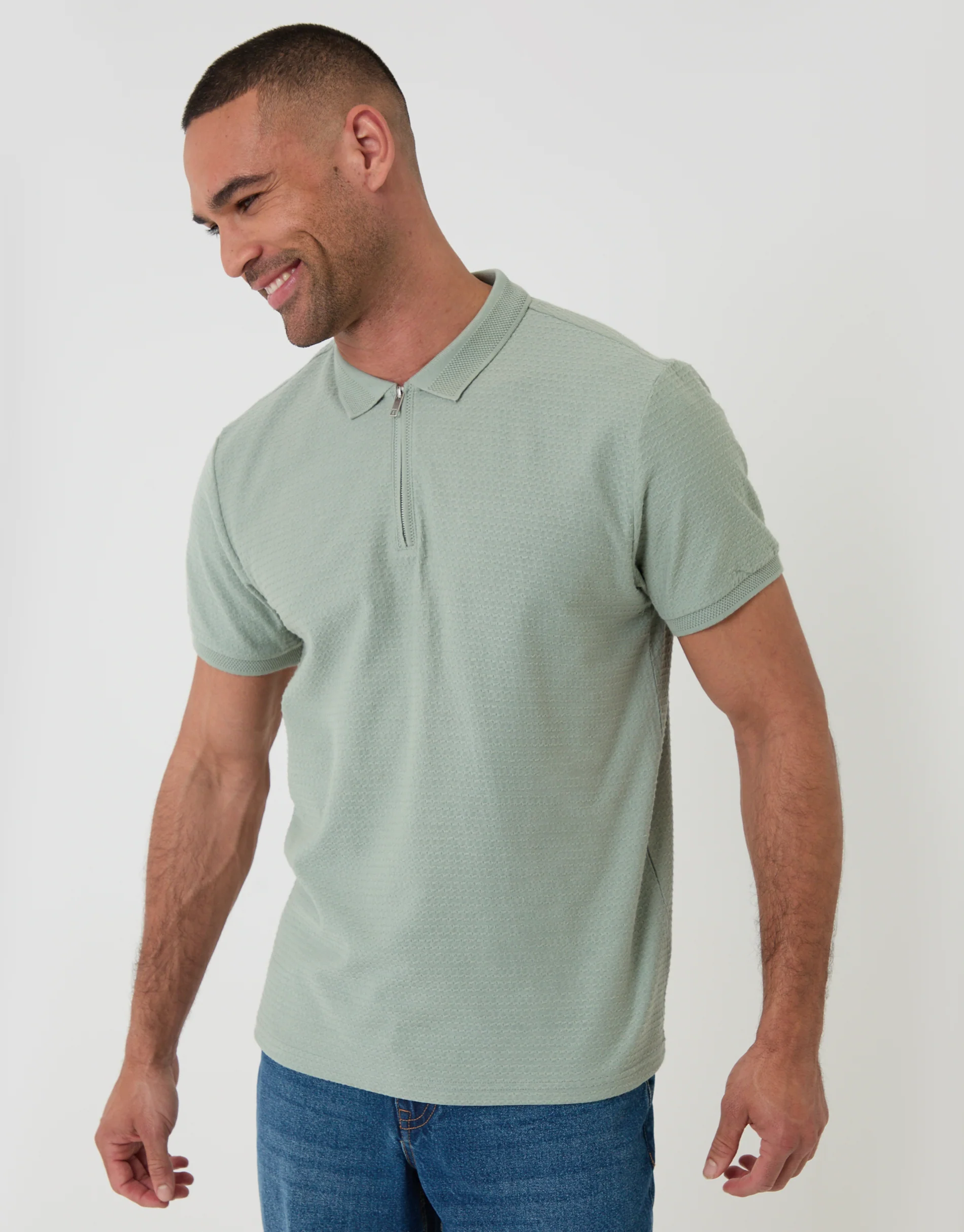 Textured Quarter Zip Polo Shirt in Sage Green