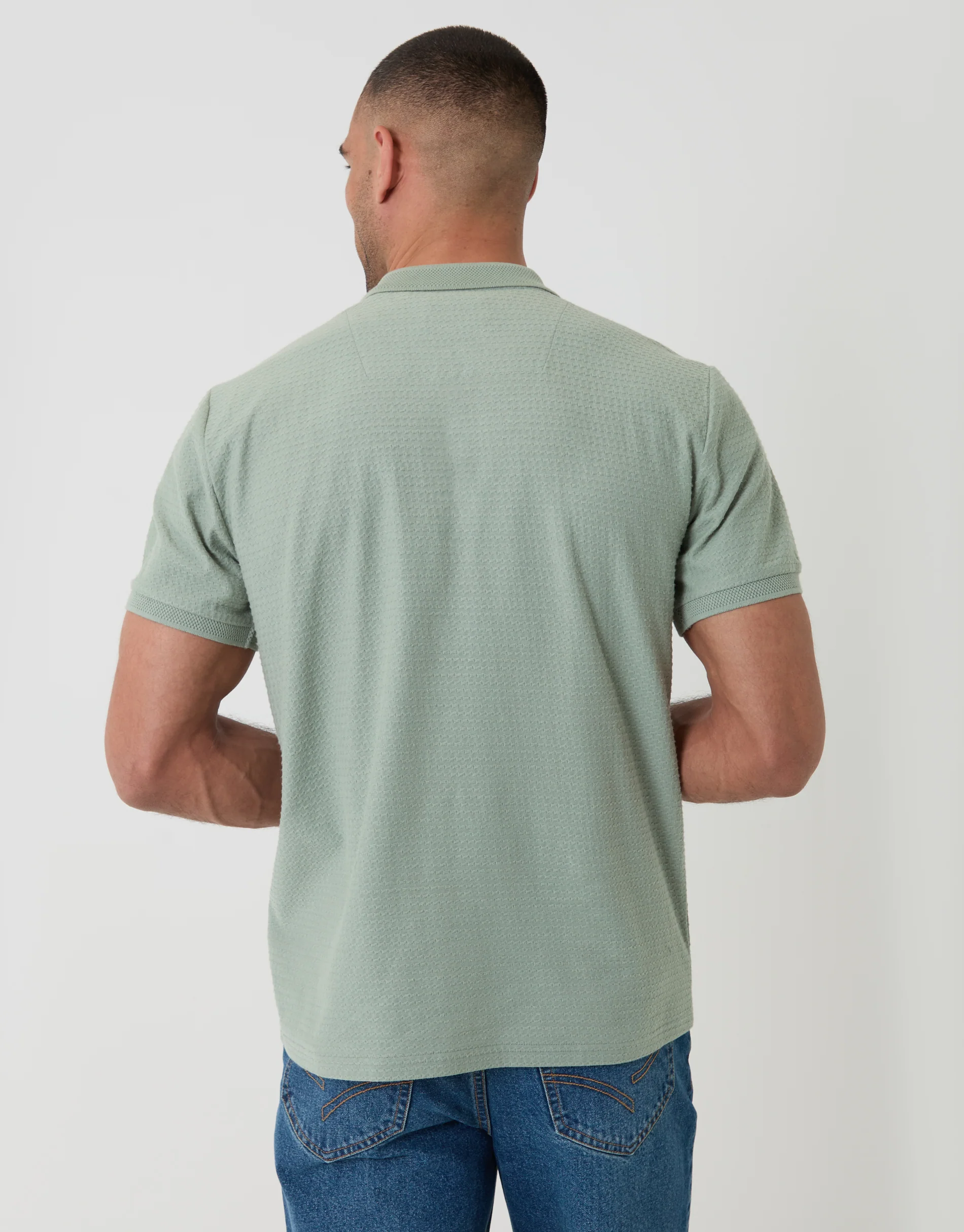 Textured Quarter Zip Polo Shirt in Sage Green - Image 2