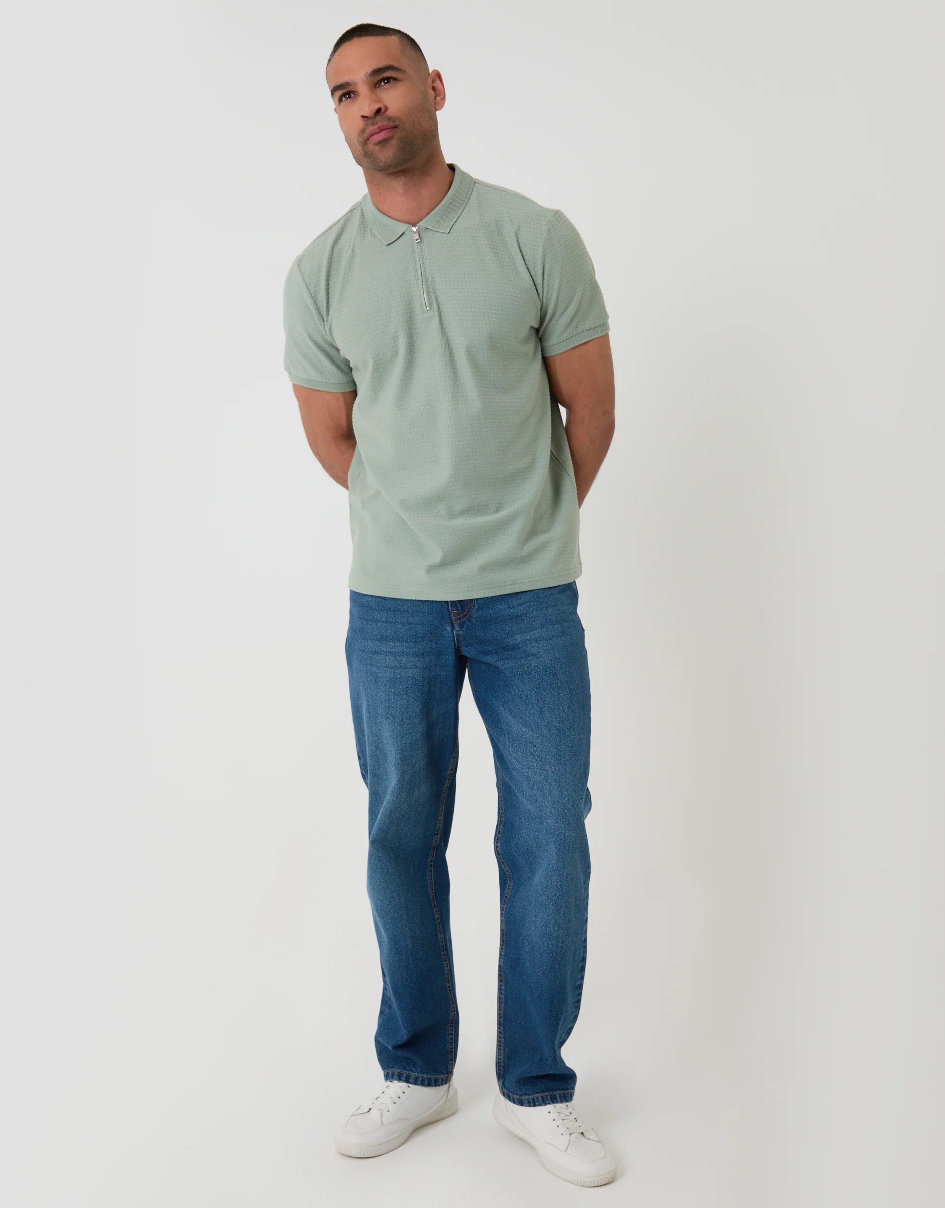 Textured Quarter Zip Polo Shirt in Sage Green - Image 3