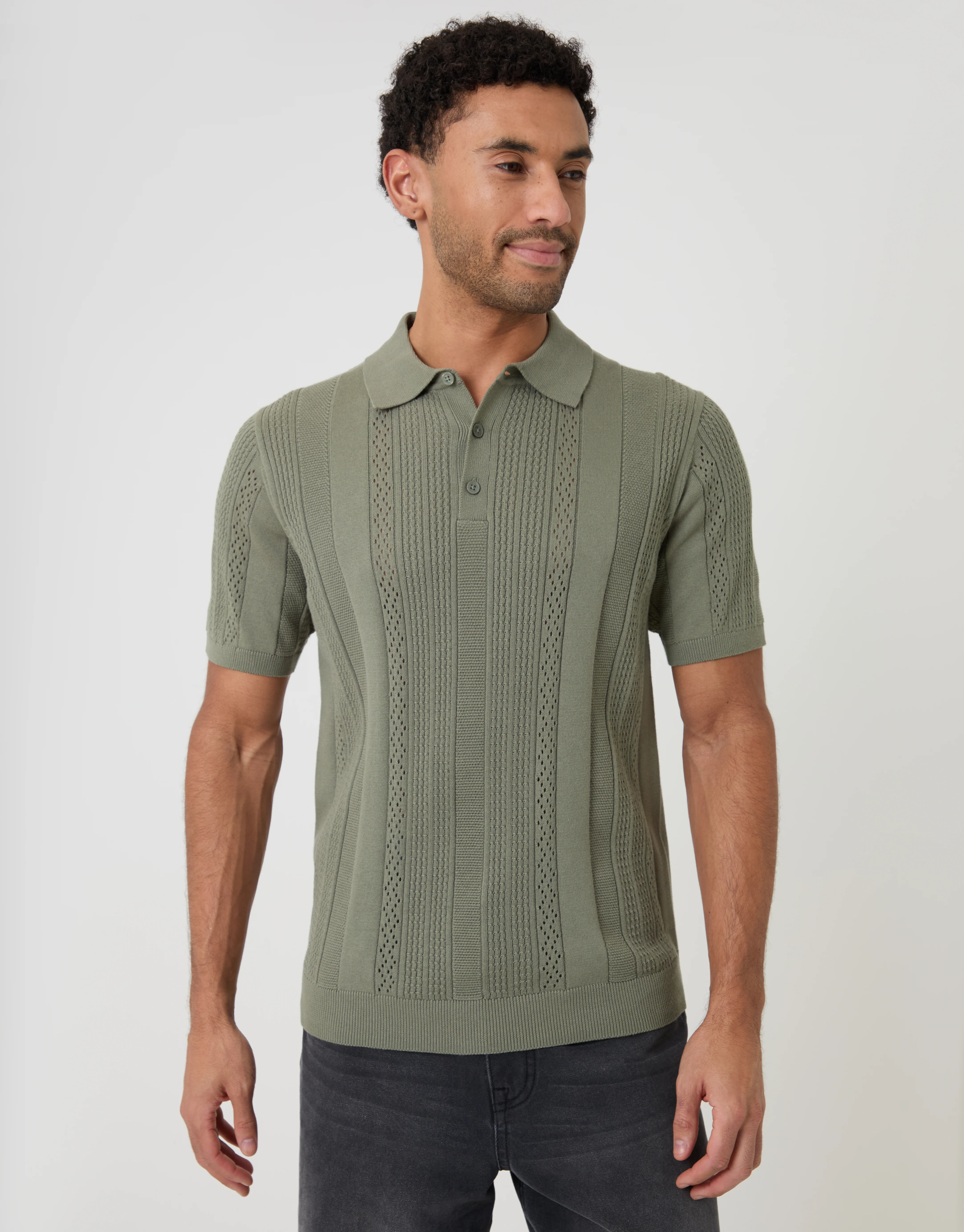 Textured Stripe Knitted Polo in Sage Green