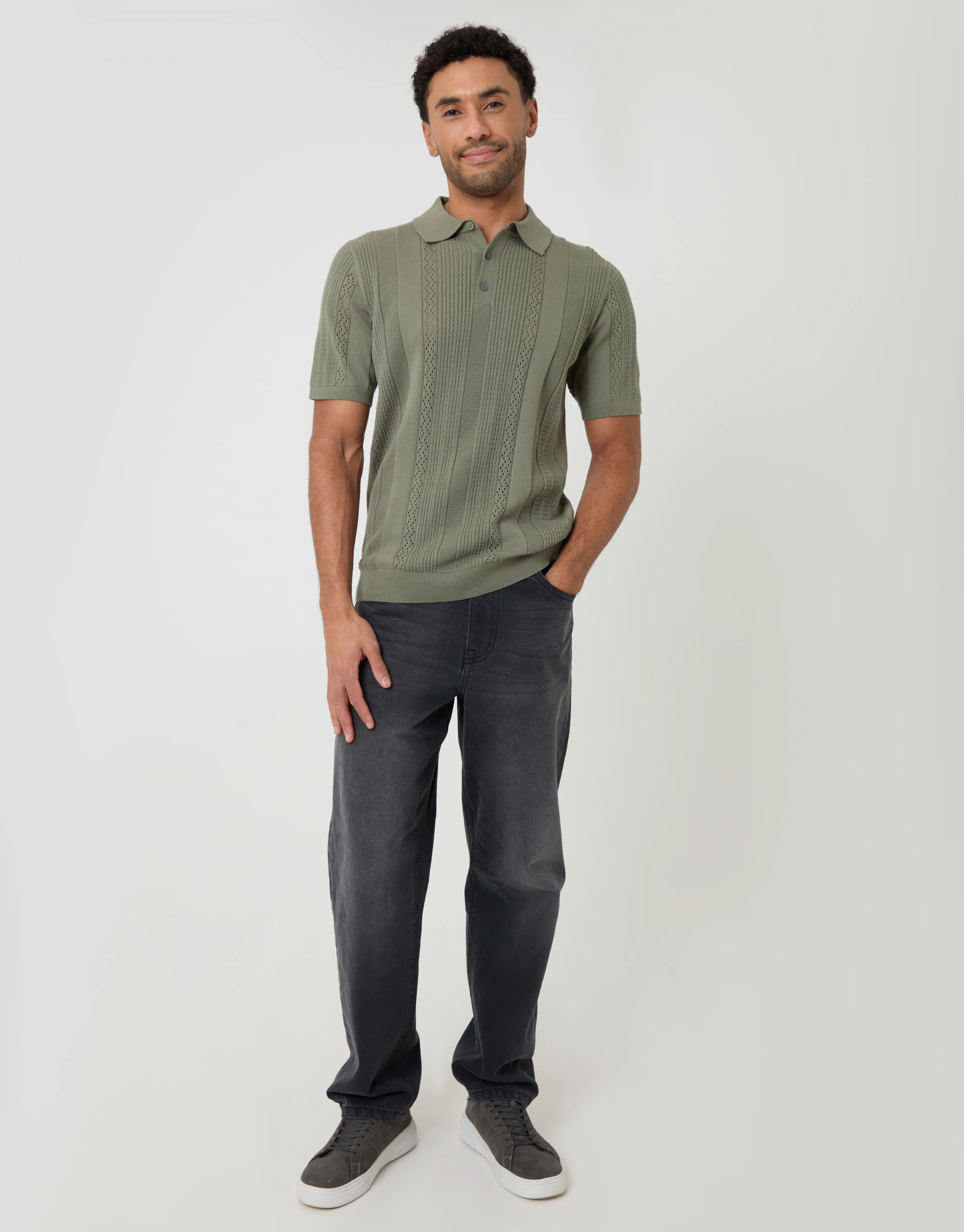 Textured Stripe Knitted Polo in Sage Green - Image 3