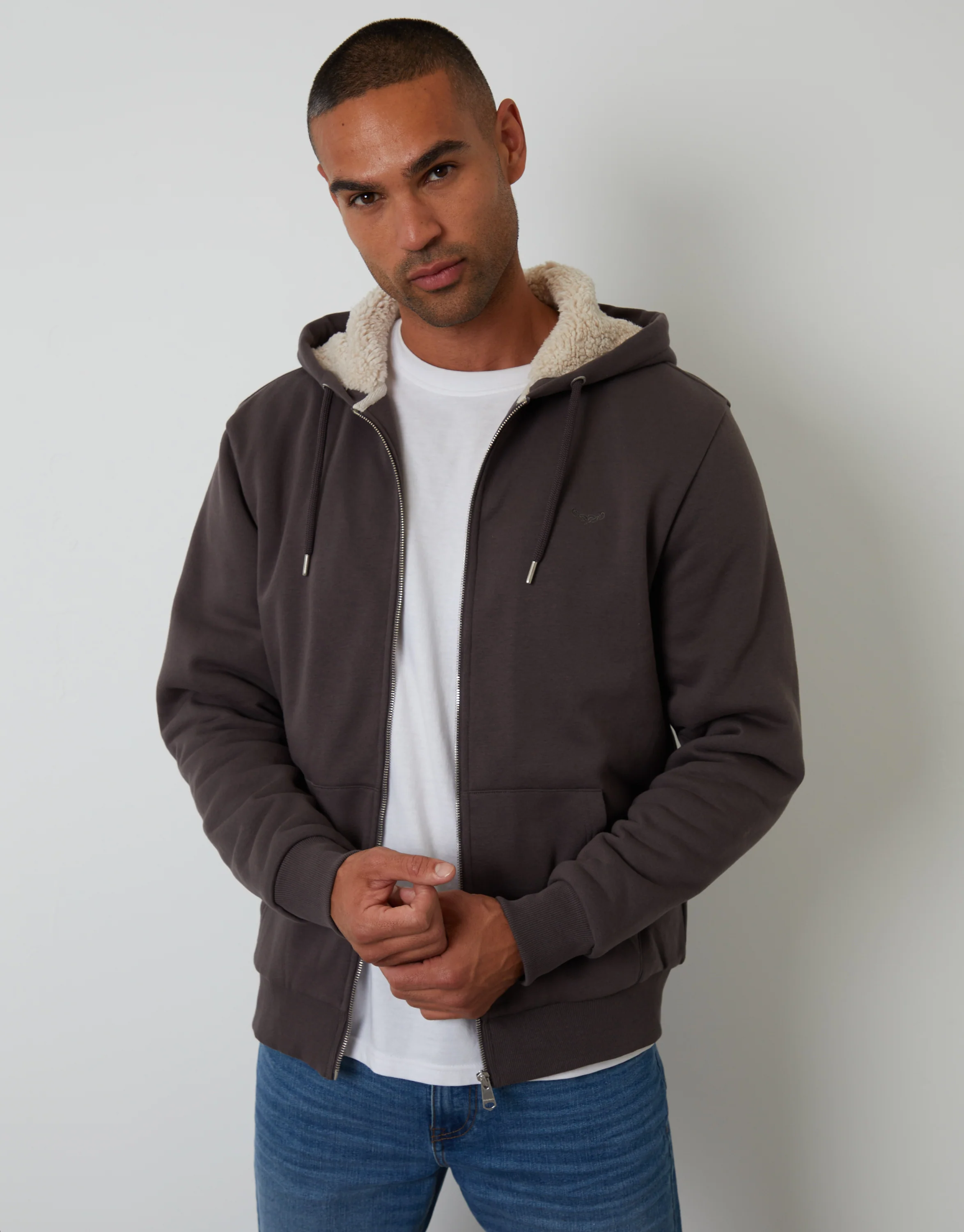 Borg Lined Zip-Through Hoodie in Slate Grey