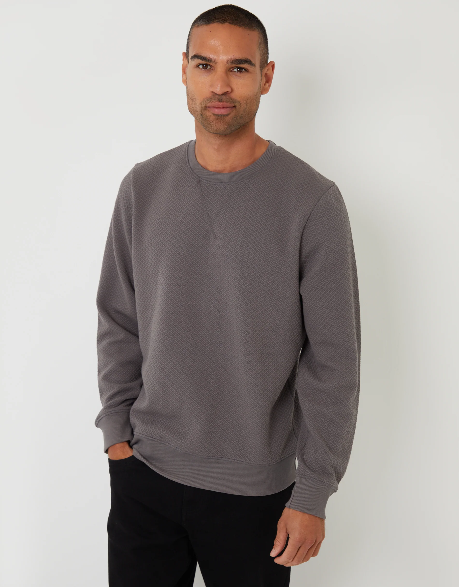 Relaxed Fit Rib Textured Crew Neck Sweatshirt in Slate Grey