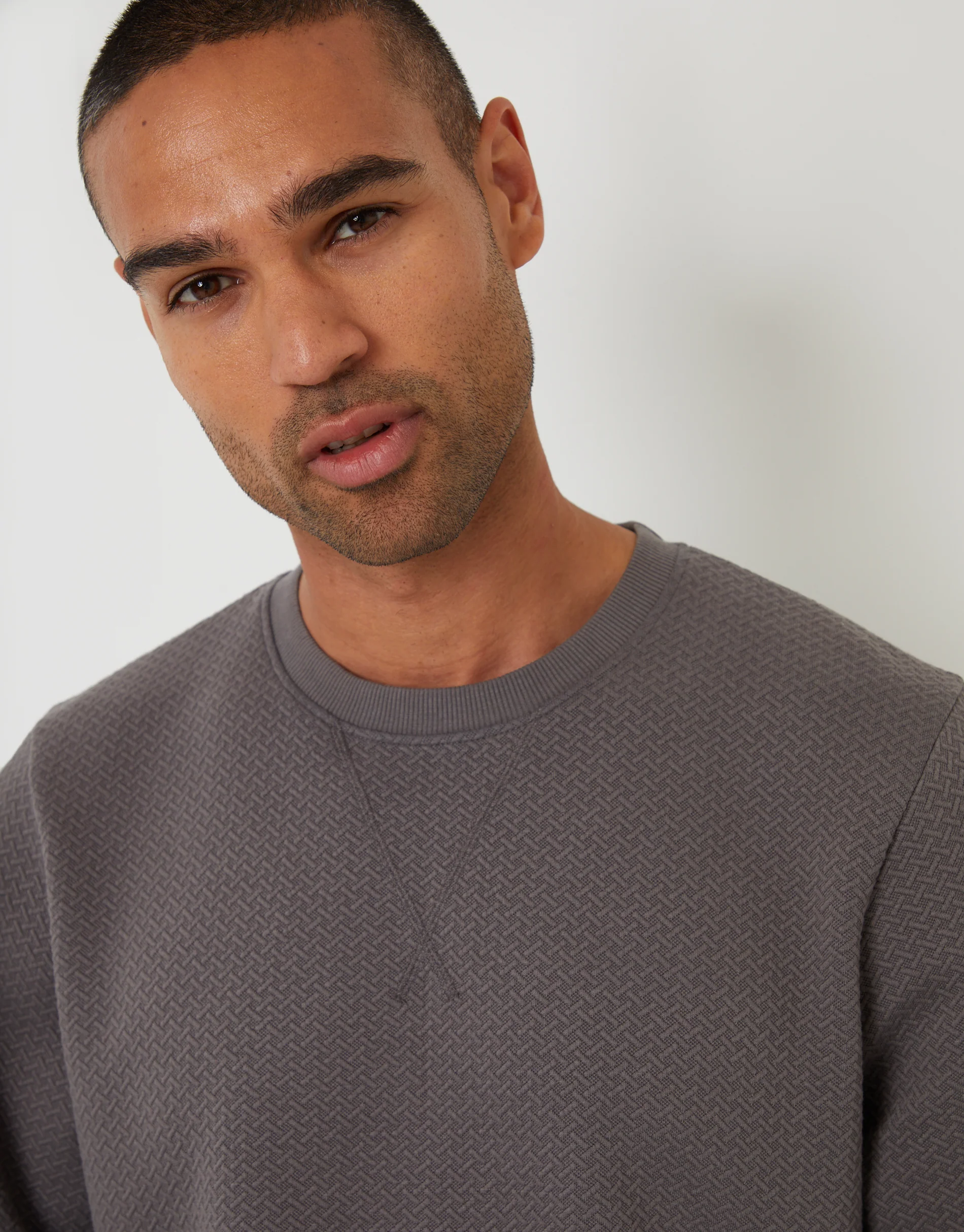 Relaxed Fit Rib Textured Crew Neck Sweatshirt in Slate Grey - Image 4