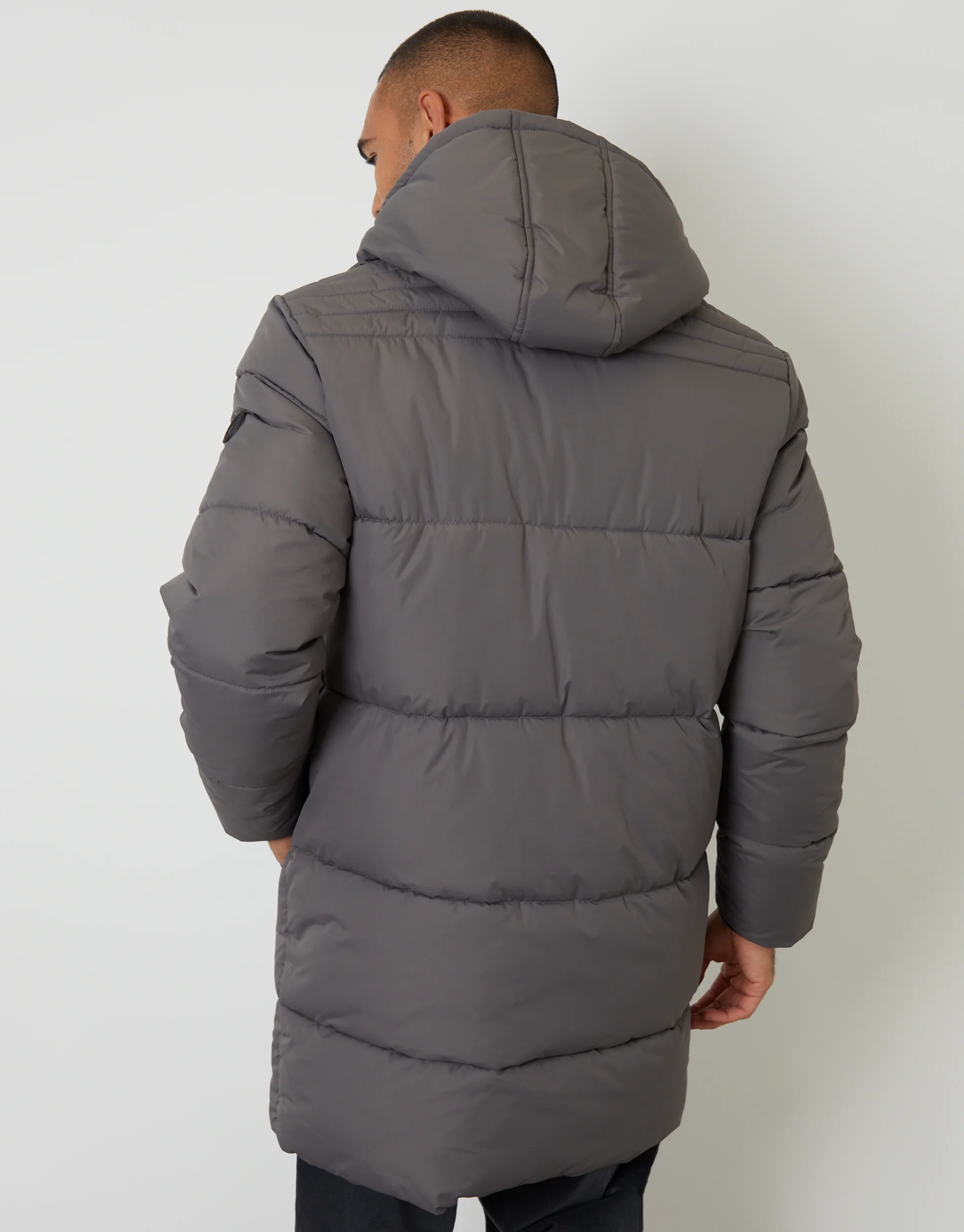 Showerproof Hooded Longline Puffer Jacket in Slate Grey - Image 2