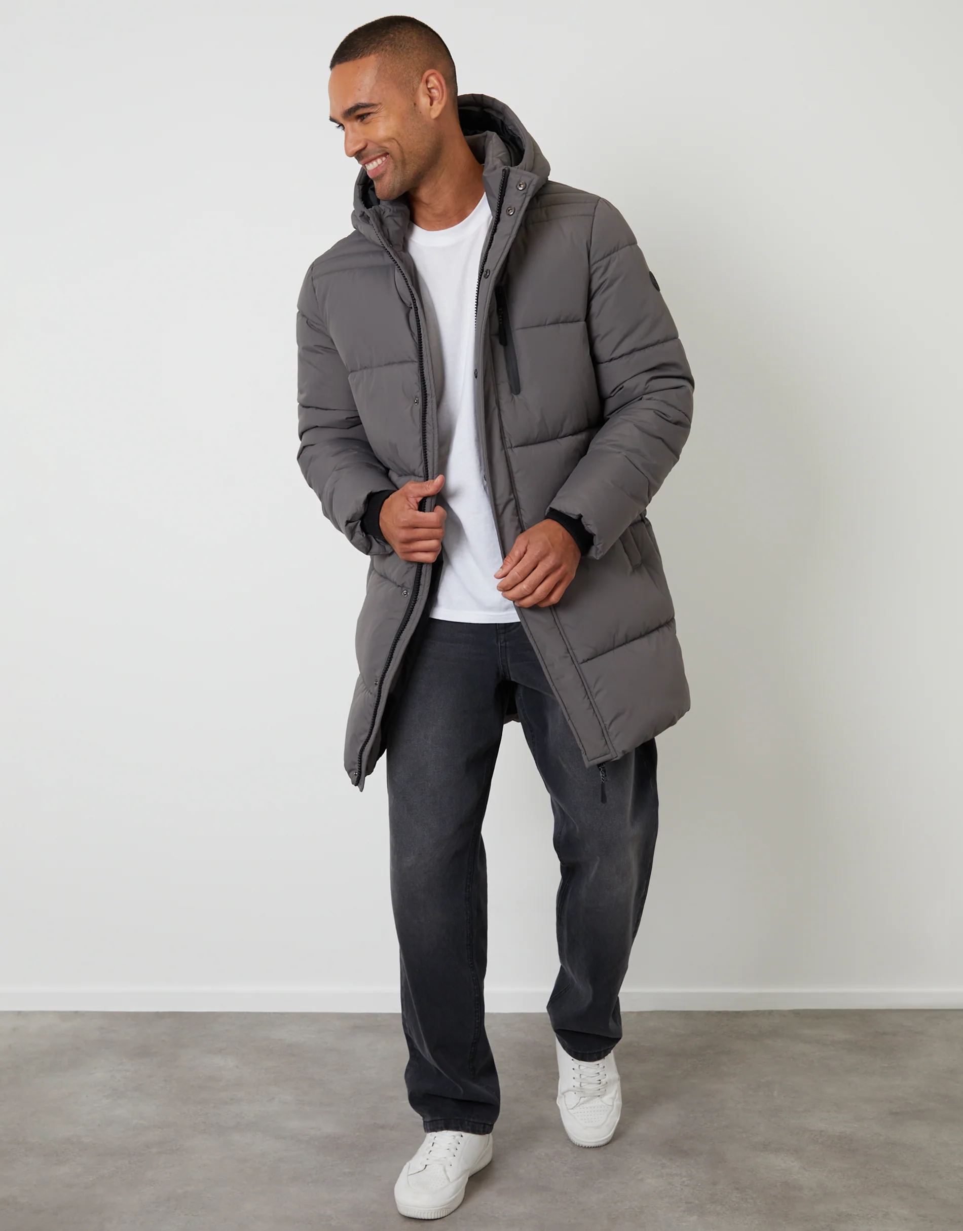 Showerproof Hooded Longline Puffer Jacket in Slate Grey - Image 3