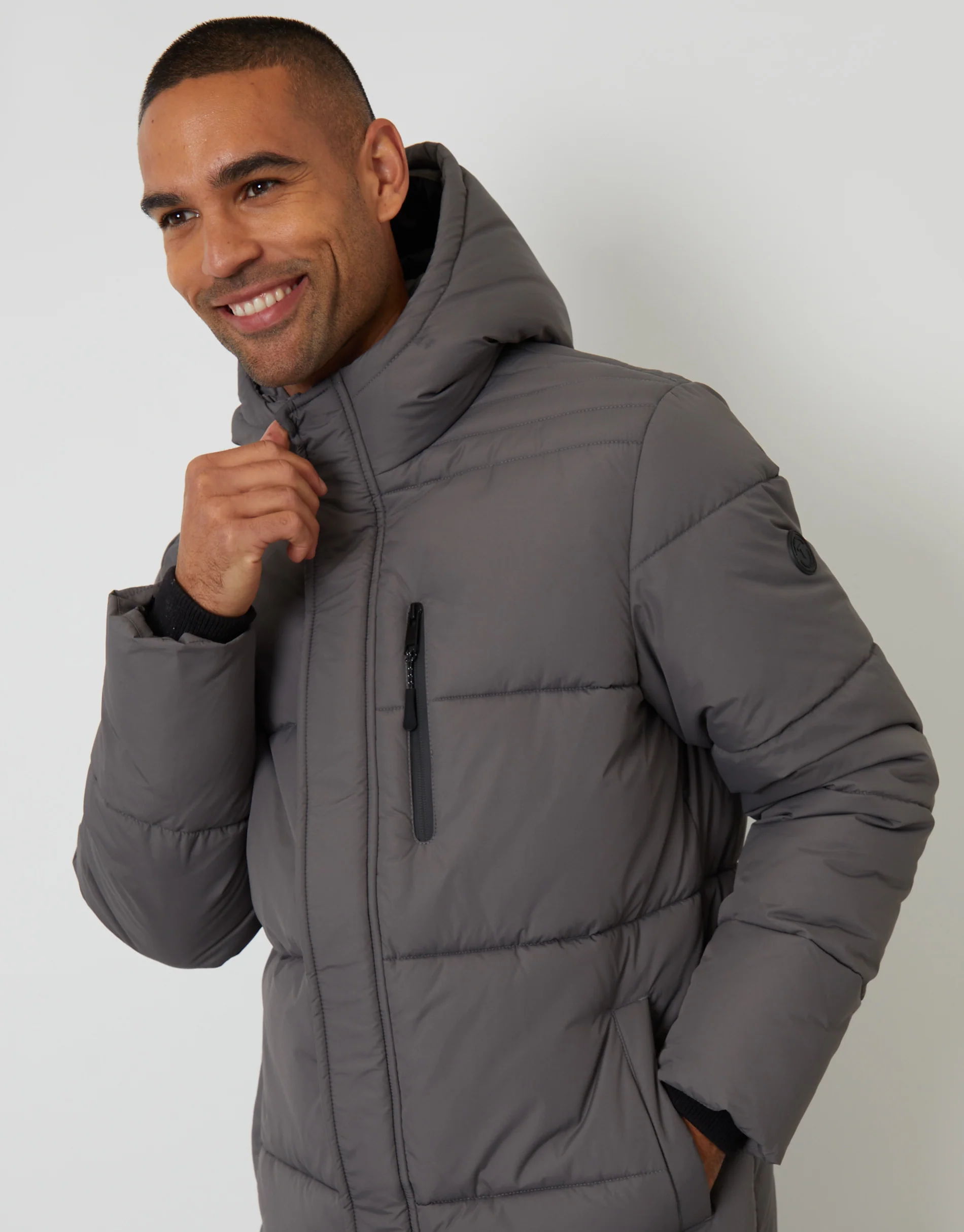 Showerproof Hooded Longline Puffer Jacket in Slate Grey - Image 4
