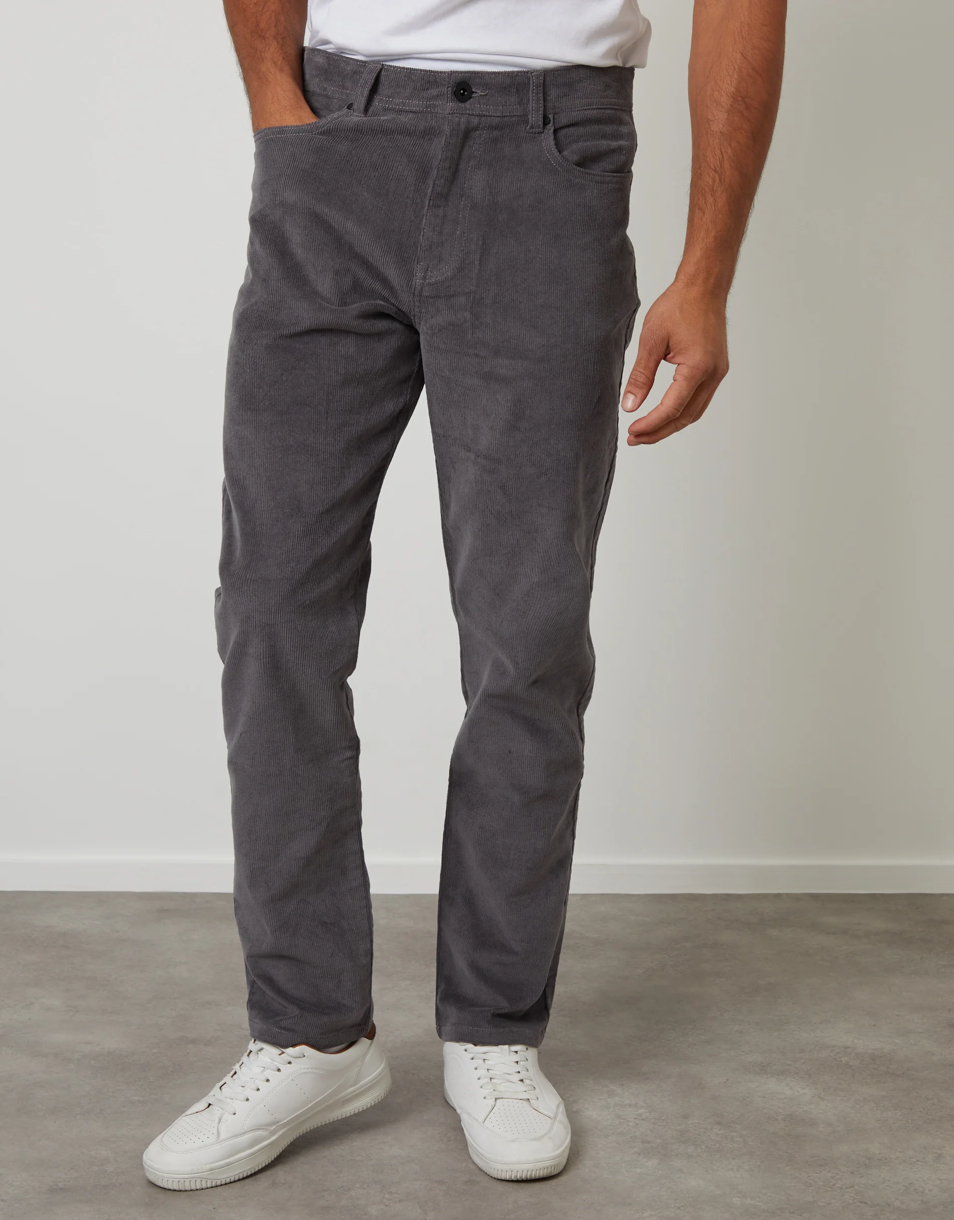 Straight Leg 5 Pocket Stretch Corduroy Trousers in Slate Grey - Image 2