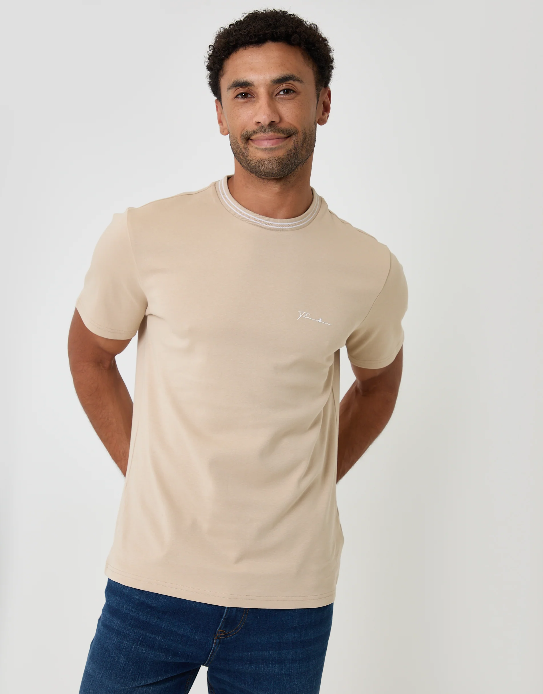 Cotton Crew Neck Script T-Shirt in Stone