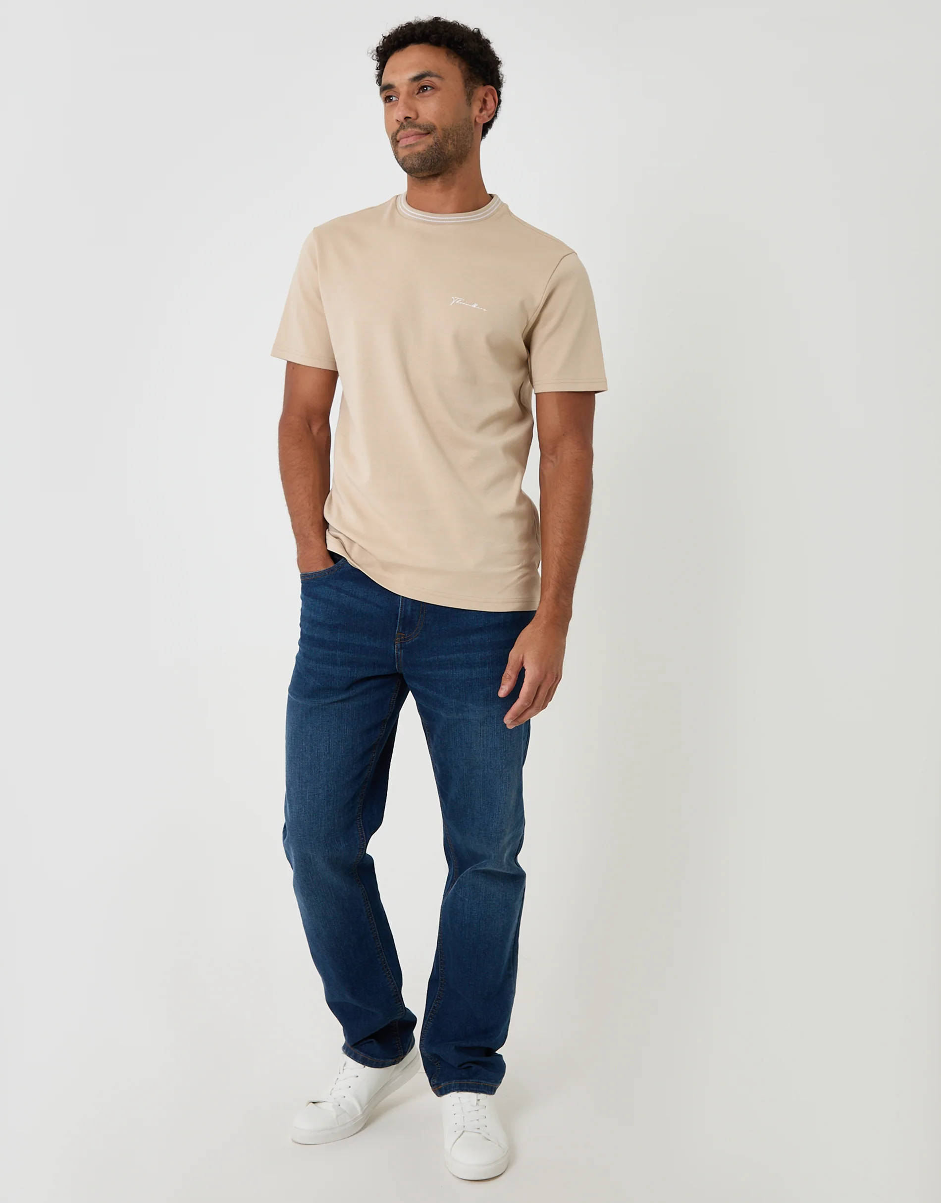 Cotton Crew Neck Script T-Shirt in Stone - Image 3