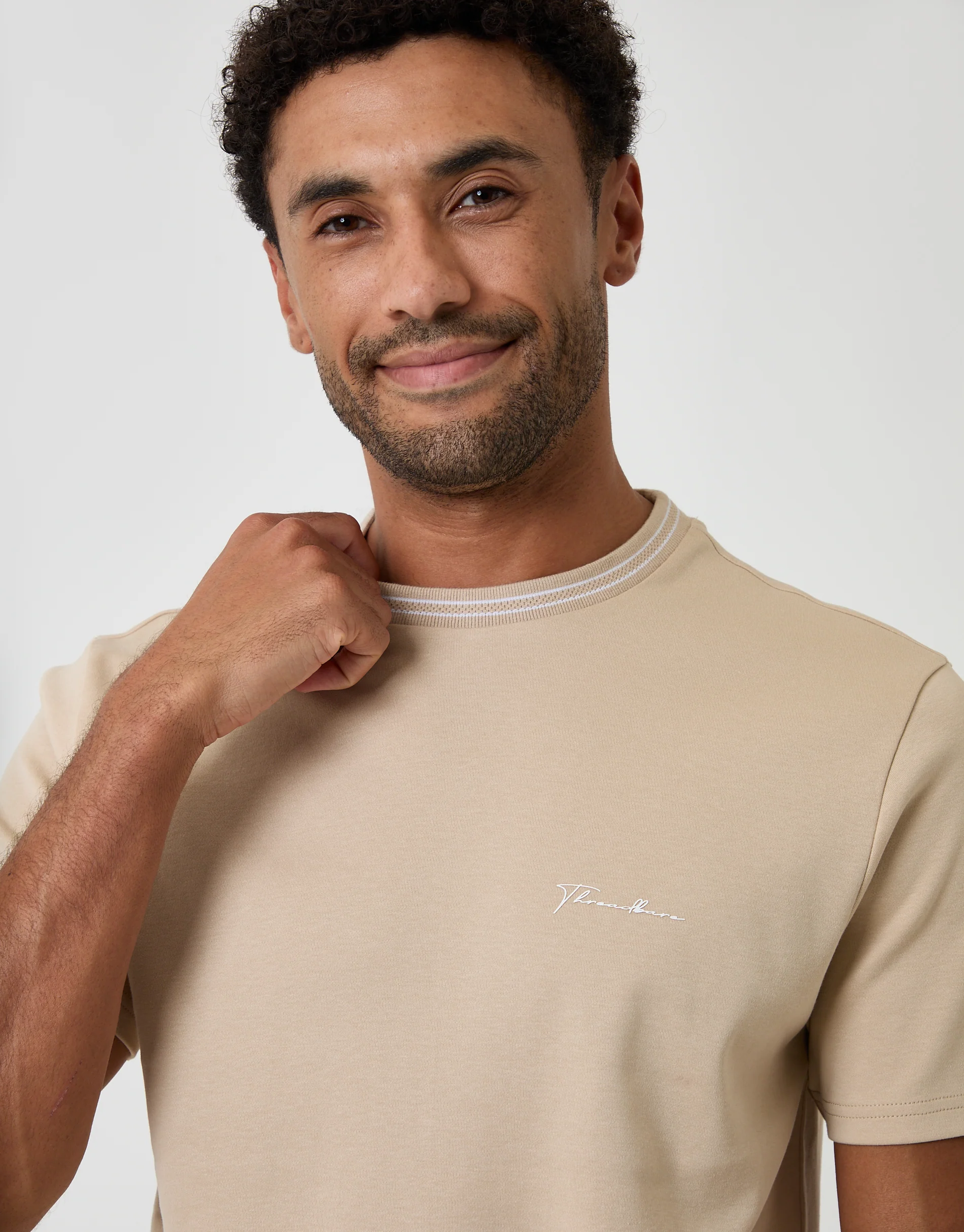 Cotton Crew Neck Script T-Shirt in Stone - Image 4