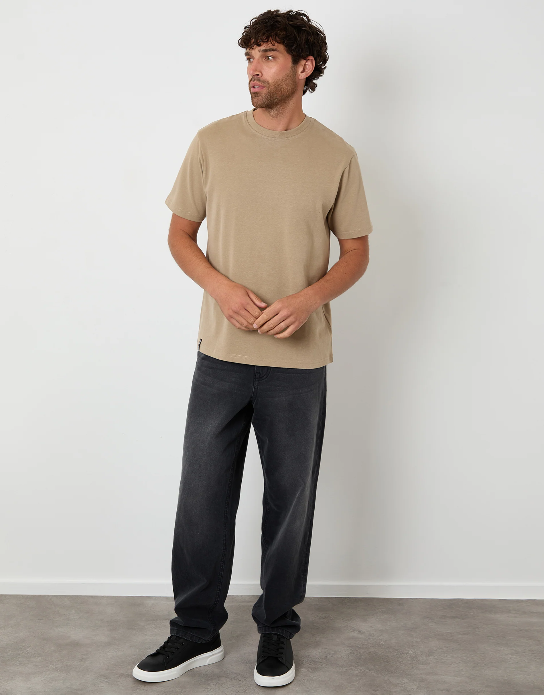 Peached Cotton Crew Neck T-Shirt in Stone - Image 3