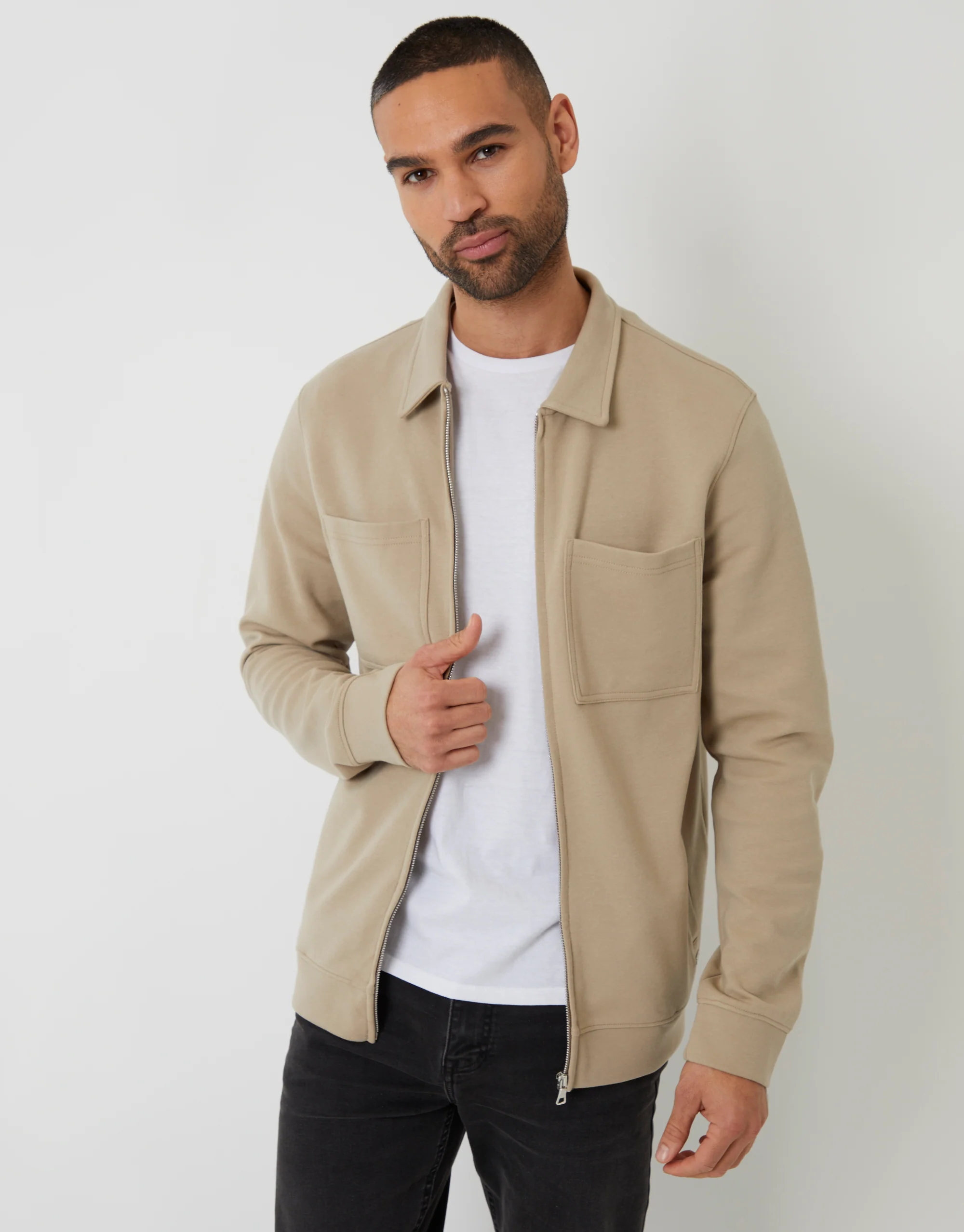 Pique Zip Through Shacket in Stone