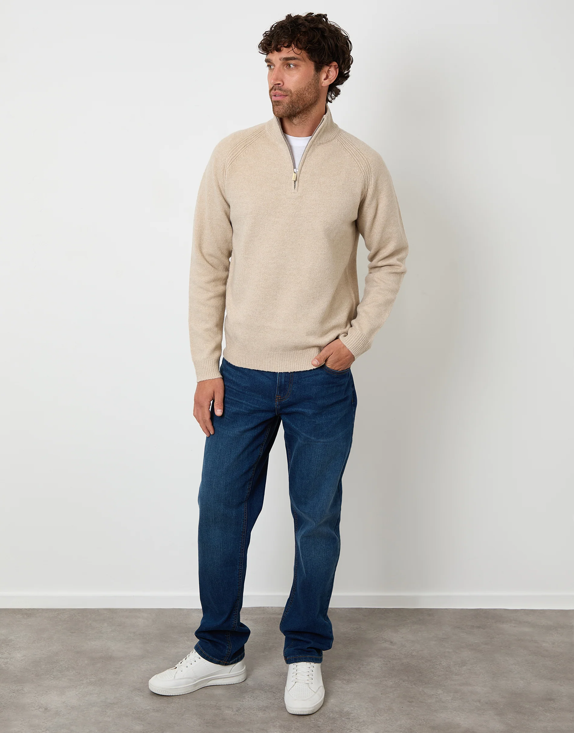 Raglan Rib Quarter Zip Knitted Jumper in Stone - Image 3