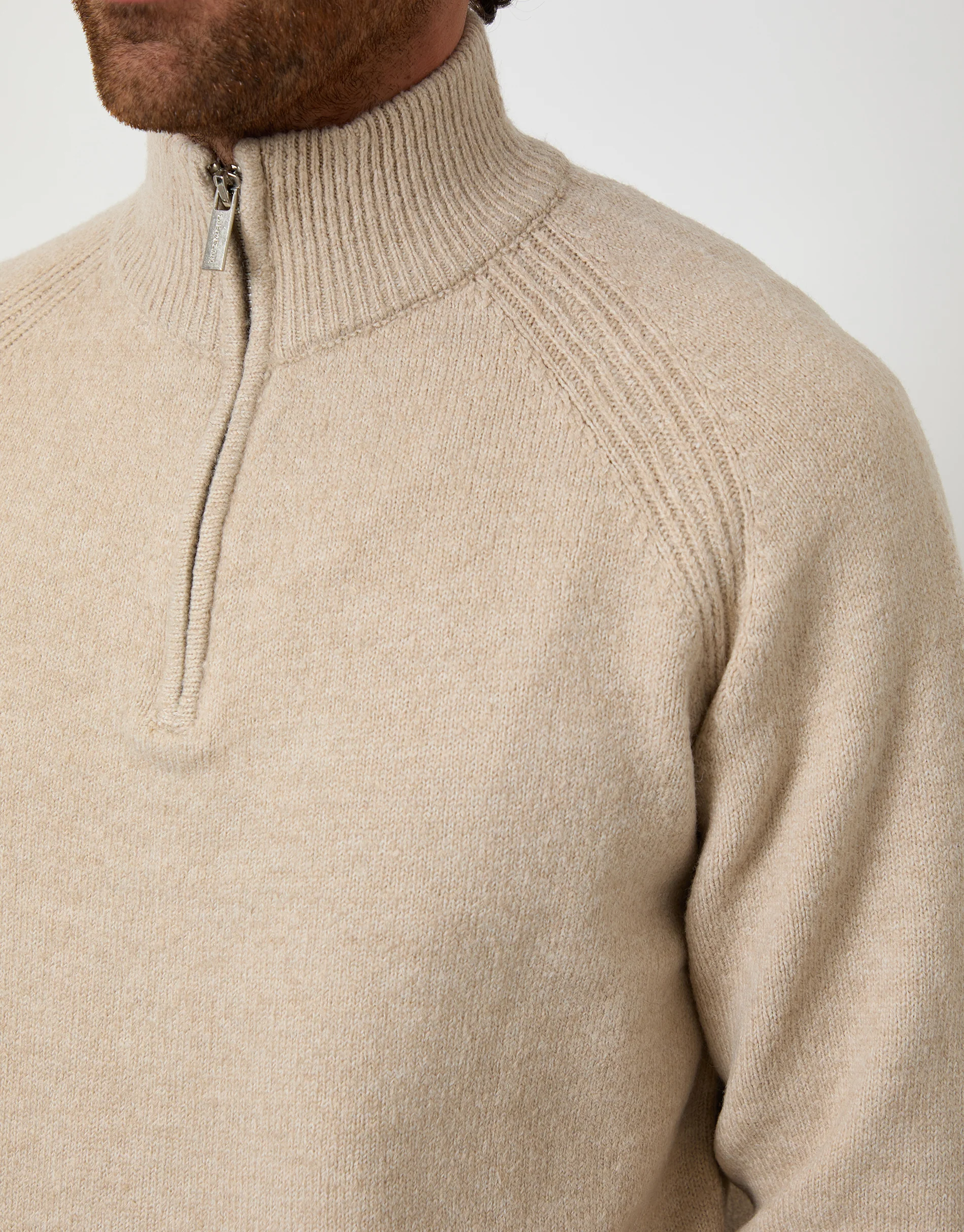 Raglan Rib Quarter Zip Knitted Jumper in Stone - Image 4