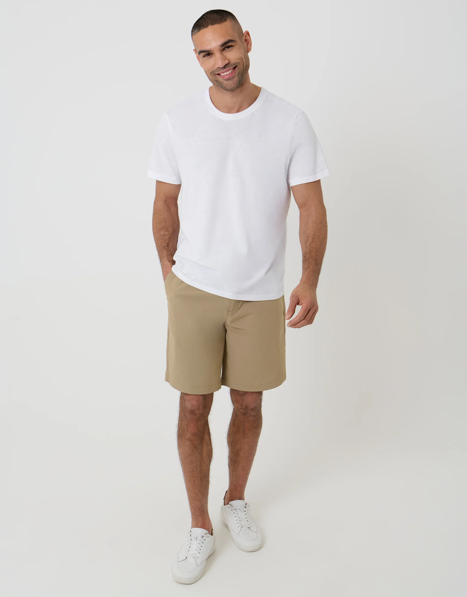 Regular Fit Elasticated Waist Stretch Chino Shorts in Stone - Image 3