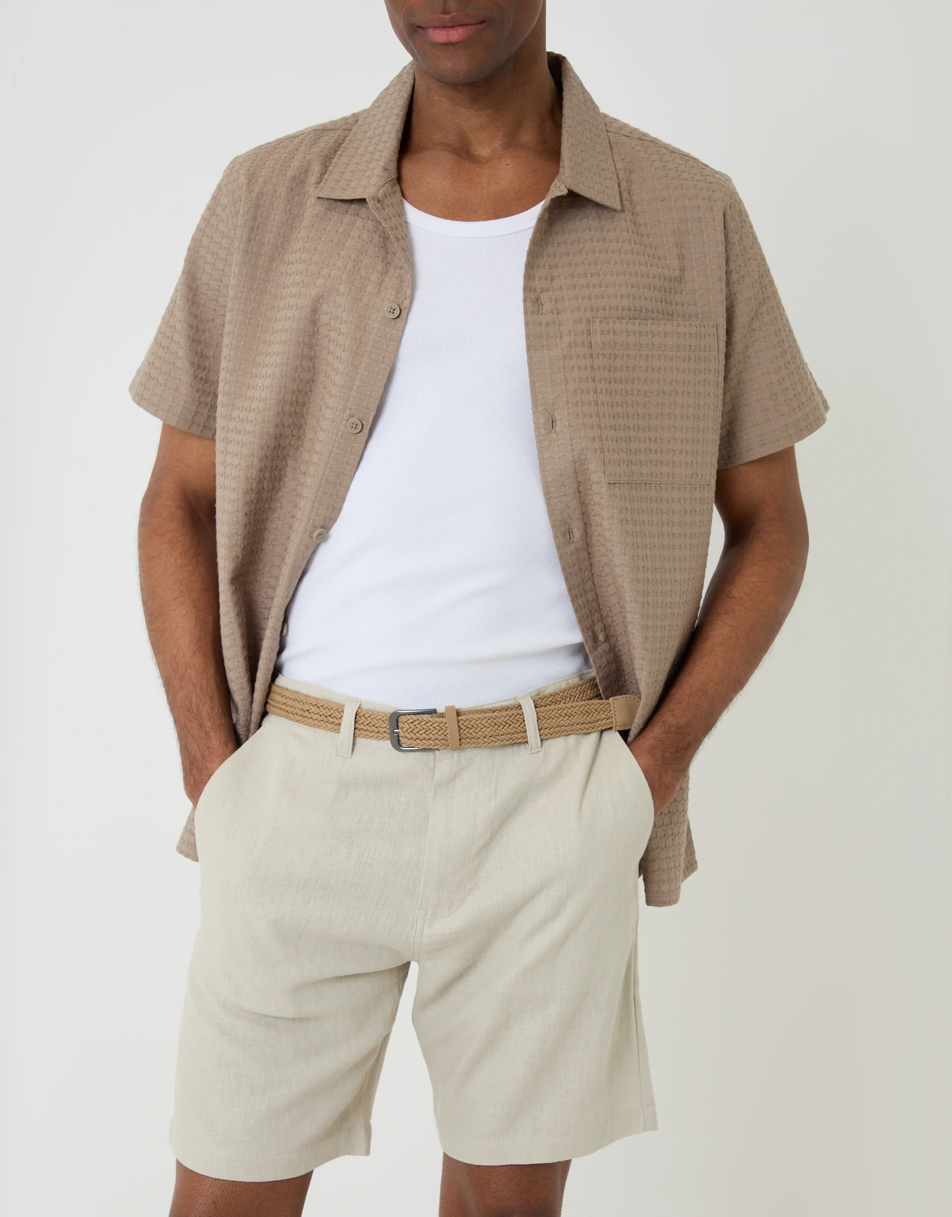Regular Fit Linen Blend Shorts with Belt in Stone