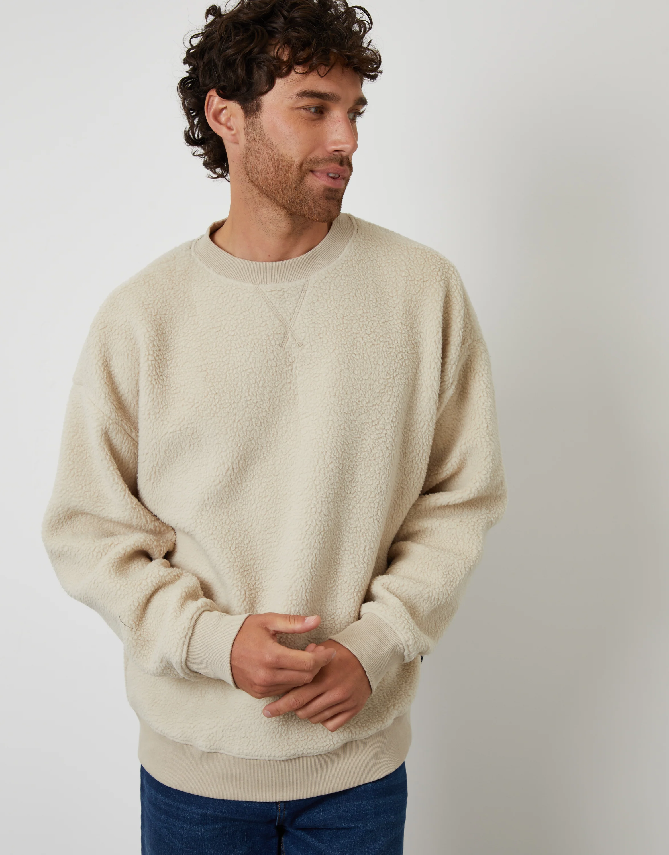 Relaxed Fit Crew Neck Borg Sweatshirt in Stone