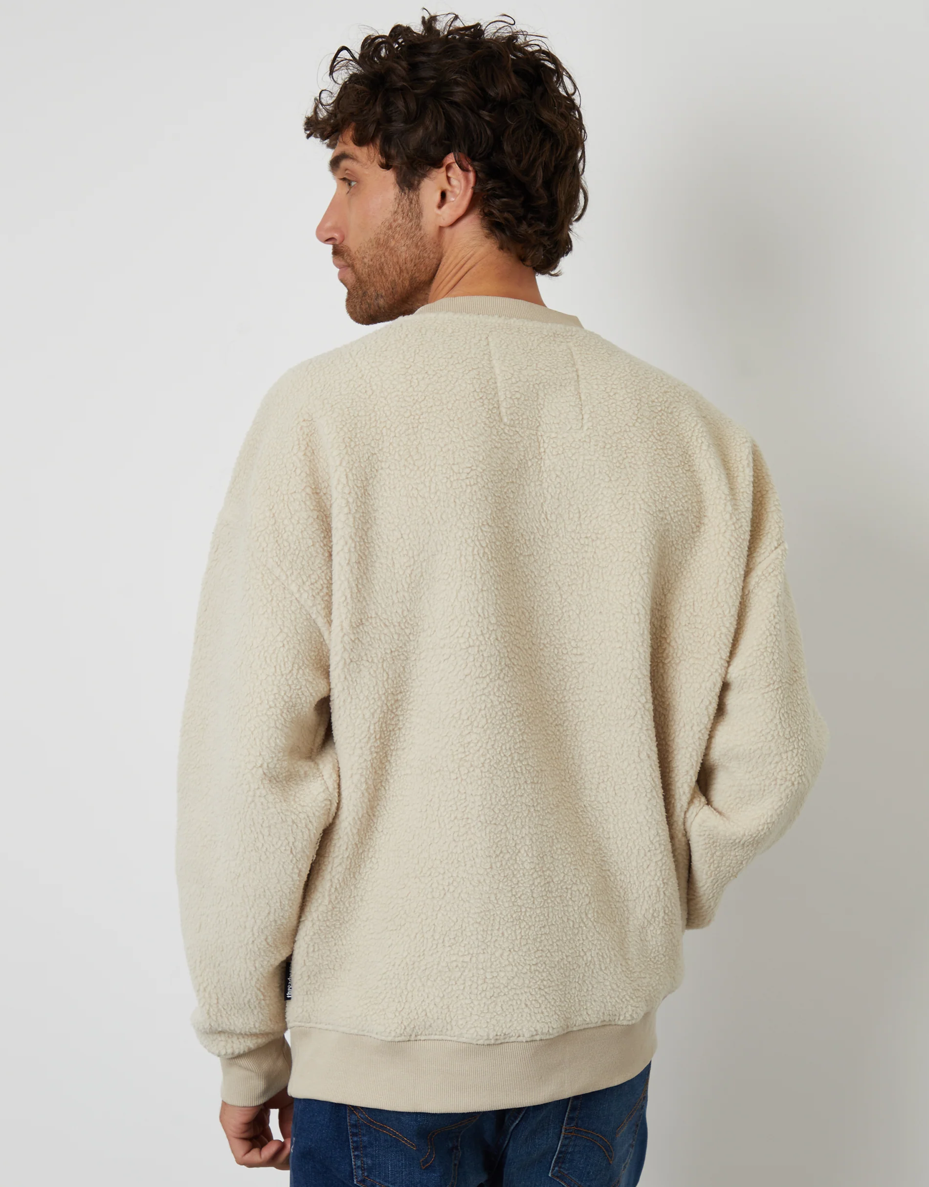 Relaxed Fit Crew Neck Borg Sweatshirt in Stone - Image 2