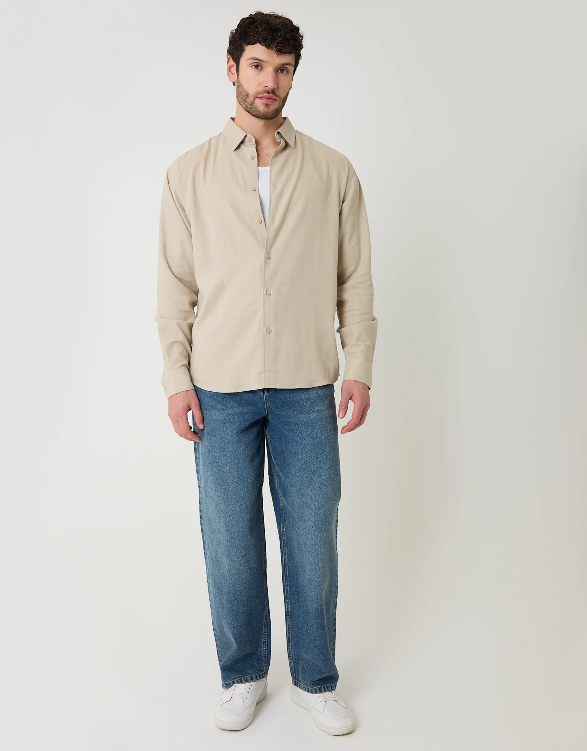 Relaxed Fit Linen Blend Shirt in Stone - Image 3