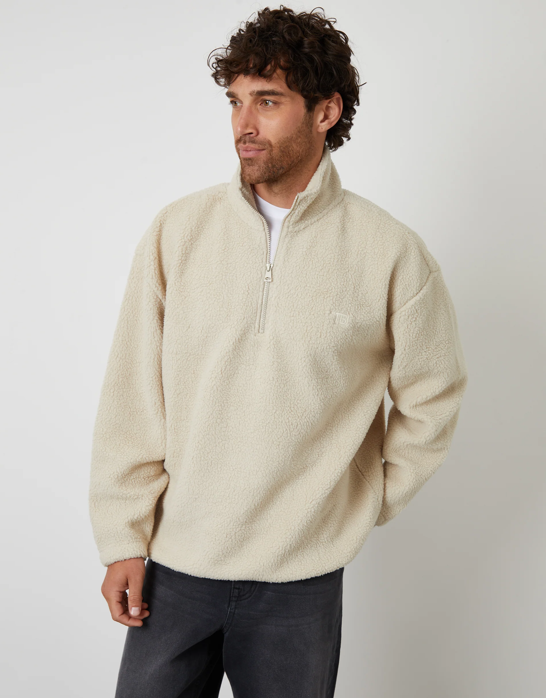 Relaxed Fit Quarter Zip Borg Sweatshirt in Stone