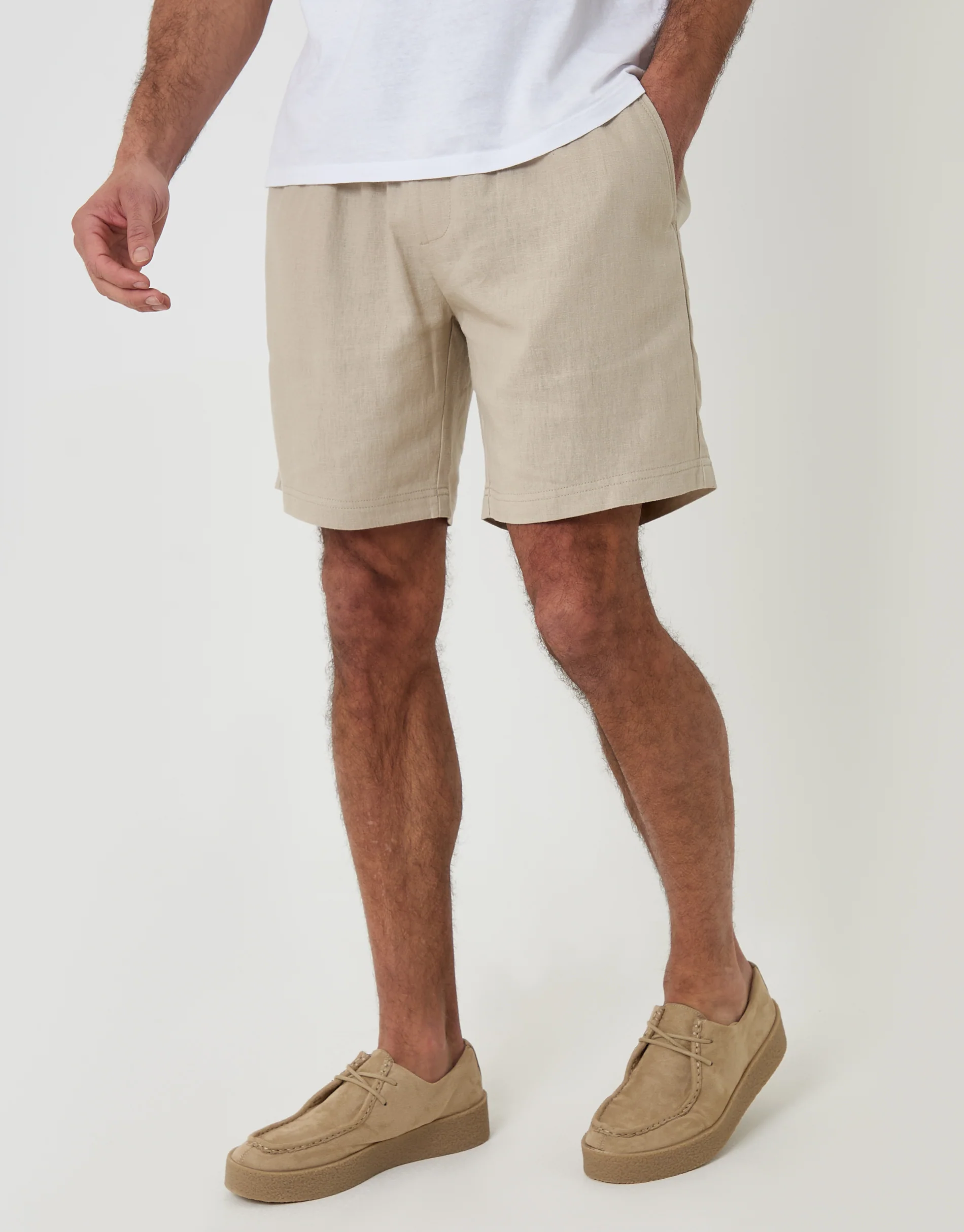 Shorter Length Elasticated Waist Linen Blend Shorts in Stone