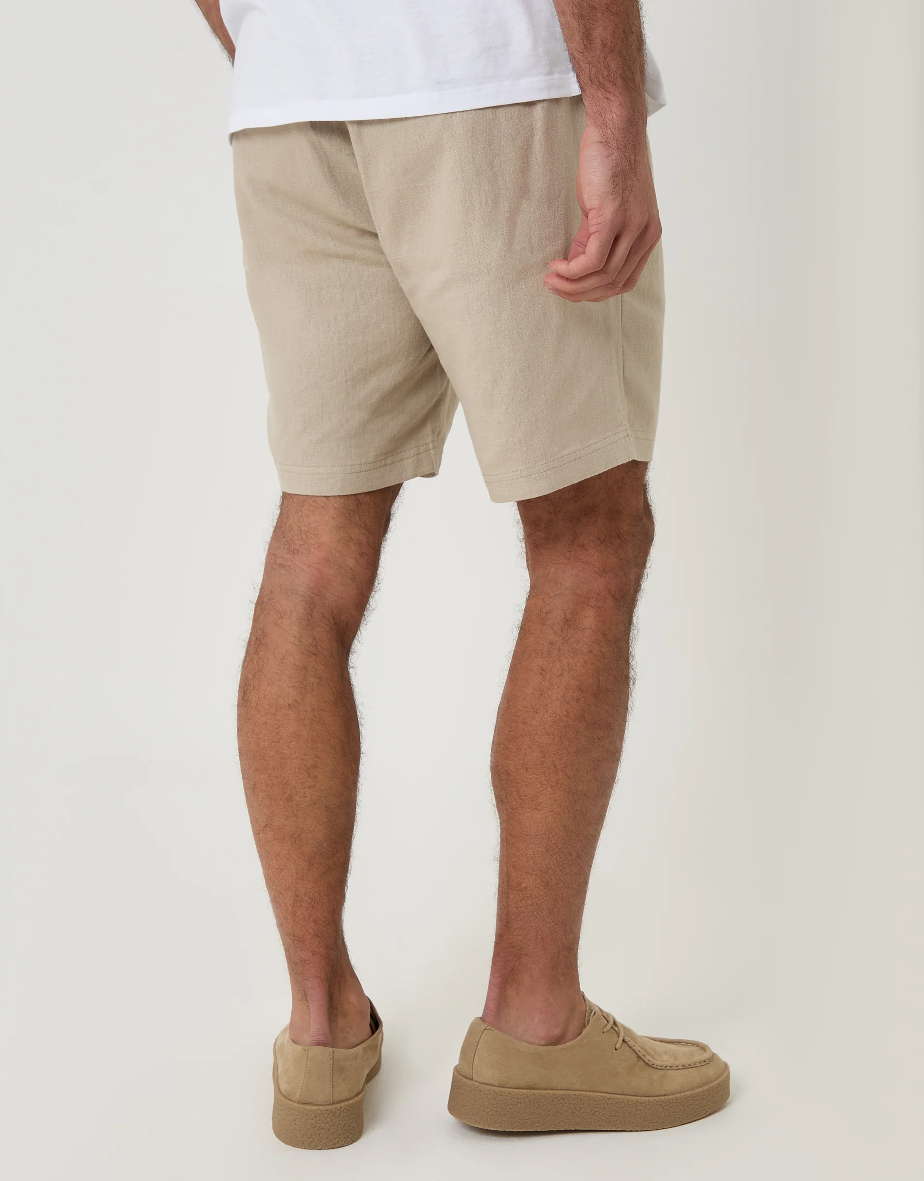 Shorter Length Elasticated Waist Linen Blend Shorts in Stone - Image 2