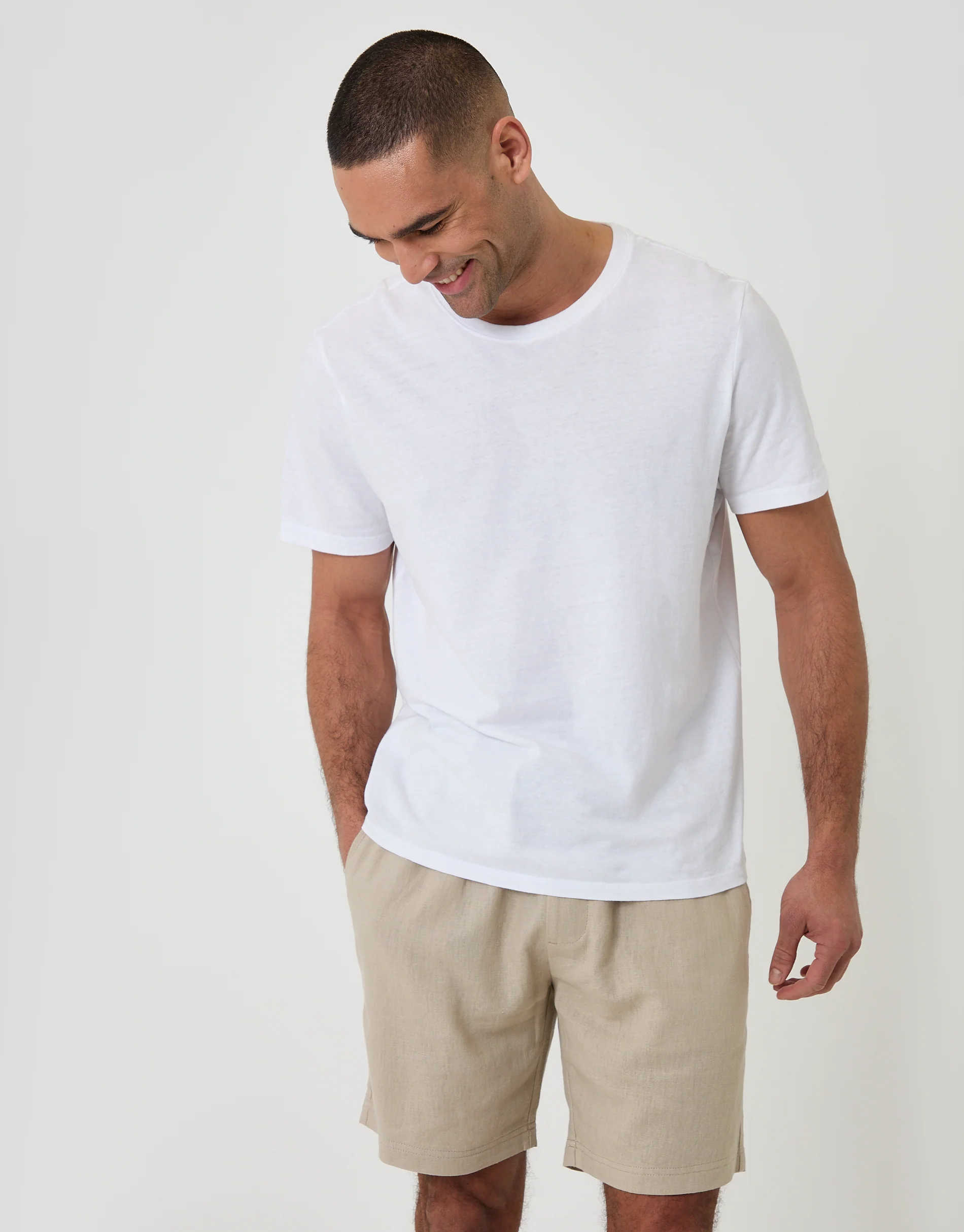 Shorter Length Elasticated Waist Linen Blend Shorts in Stone - Image 3