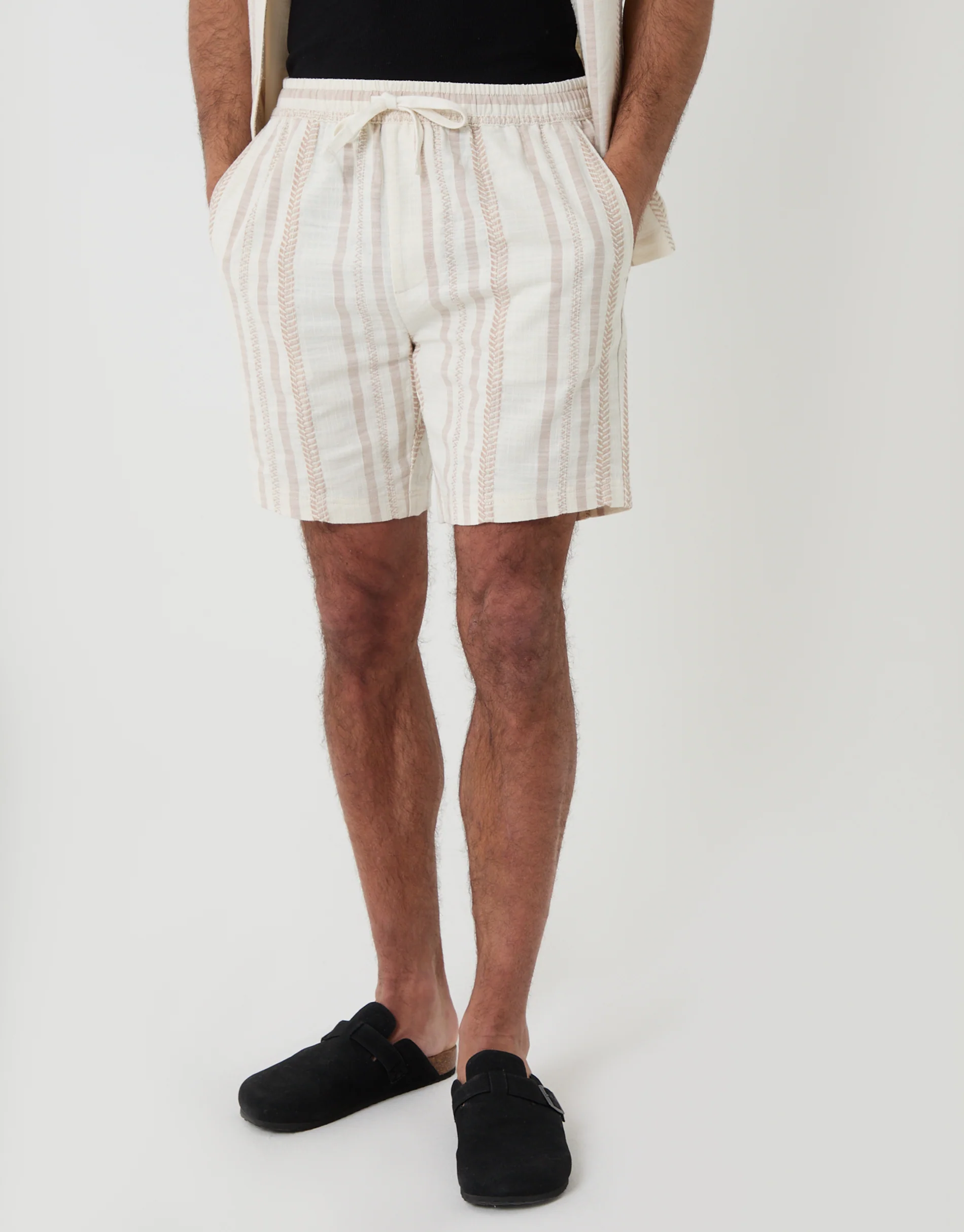 Shorter Length Geometric Textured Cotton Shorts in Stone Stripe - Image 2
