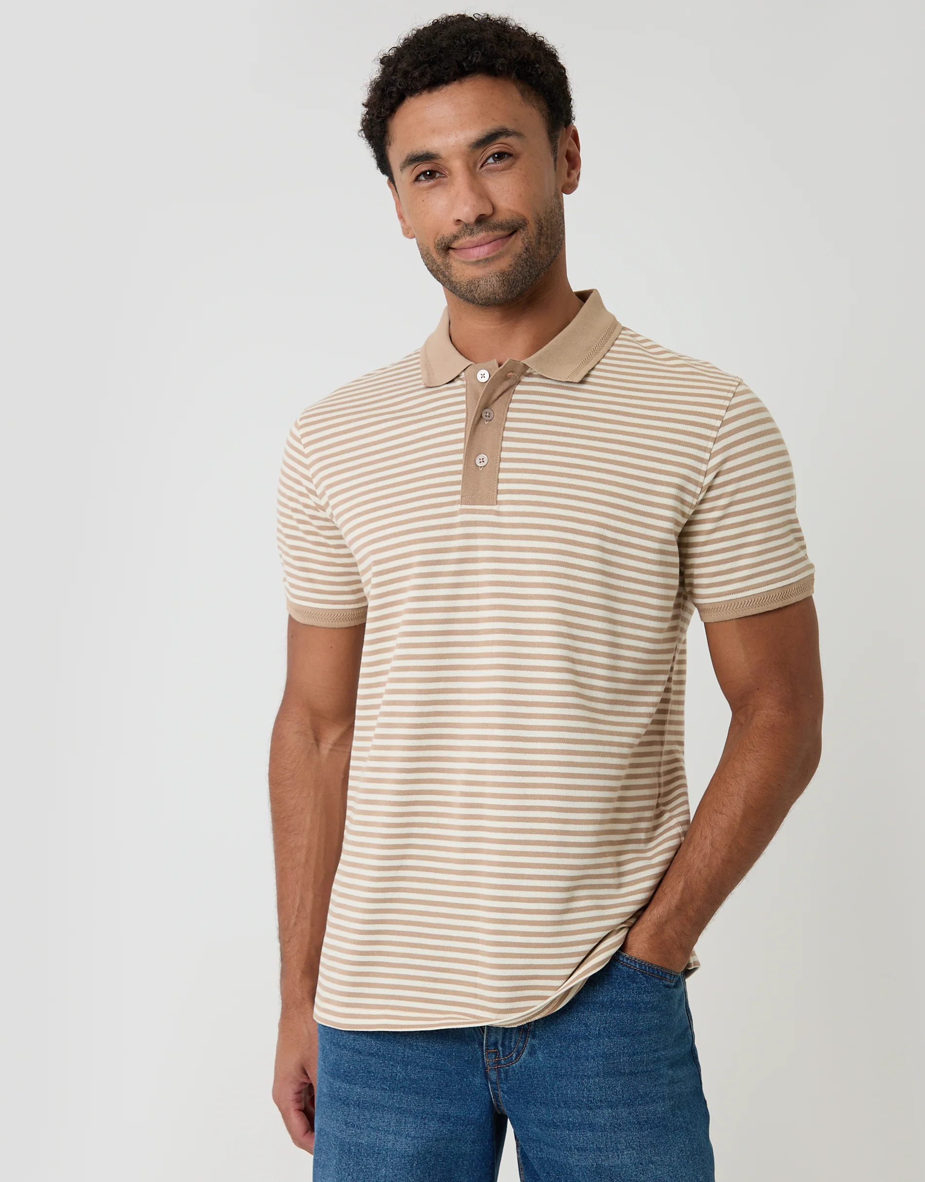 Cotton Pique Polo Shirt in Stone Stripe - Image 2