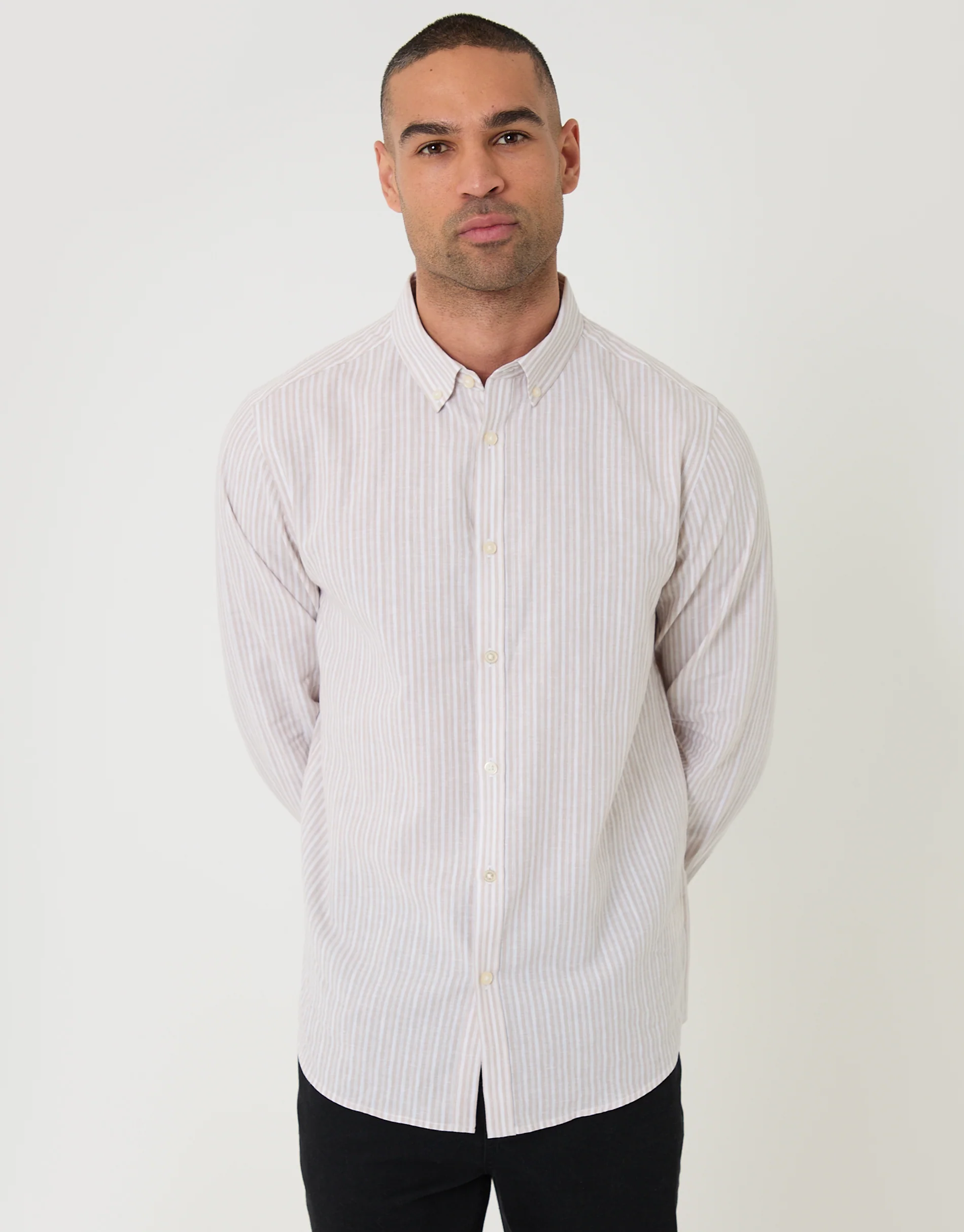 Linen Cotton Blend Long Sleeve Shirt in Stone Stripe