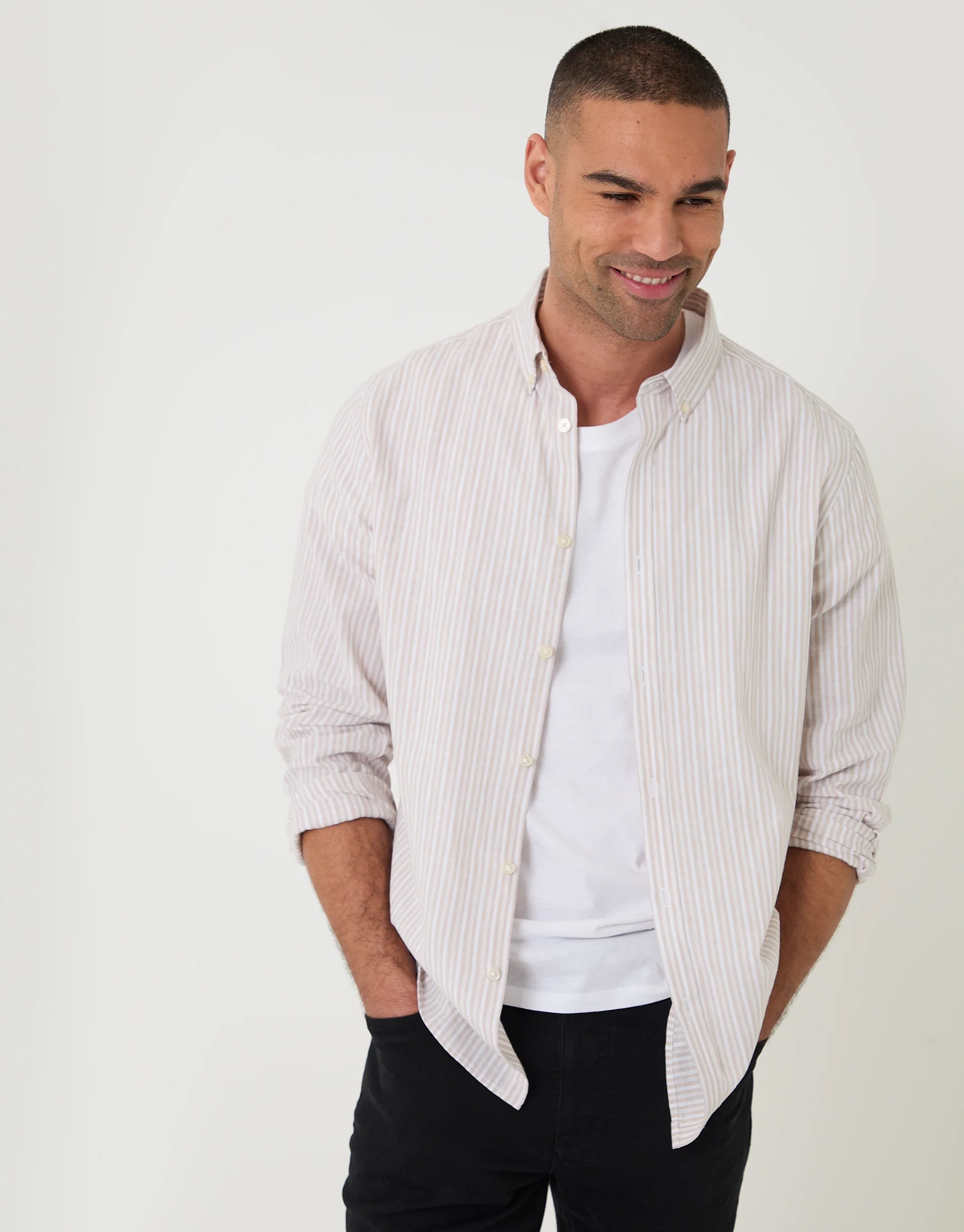 Linen Cotton Blend Long Sleeve Shirt in Stone Stripe - Image 4