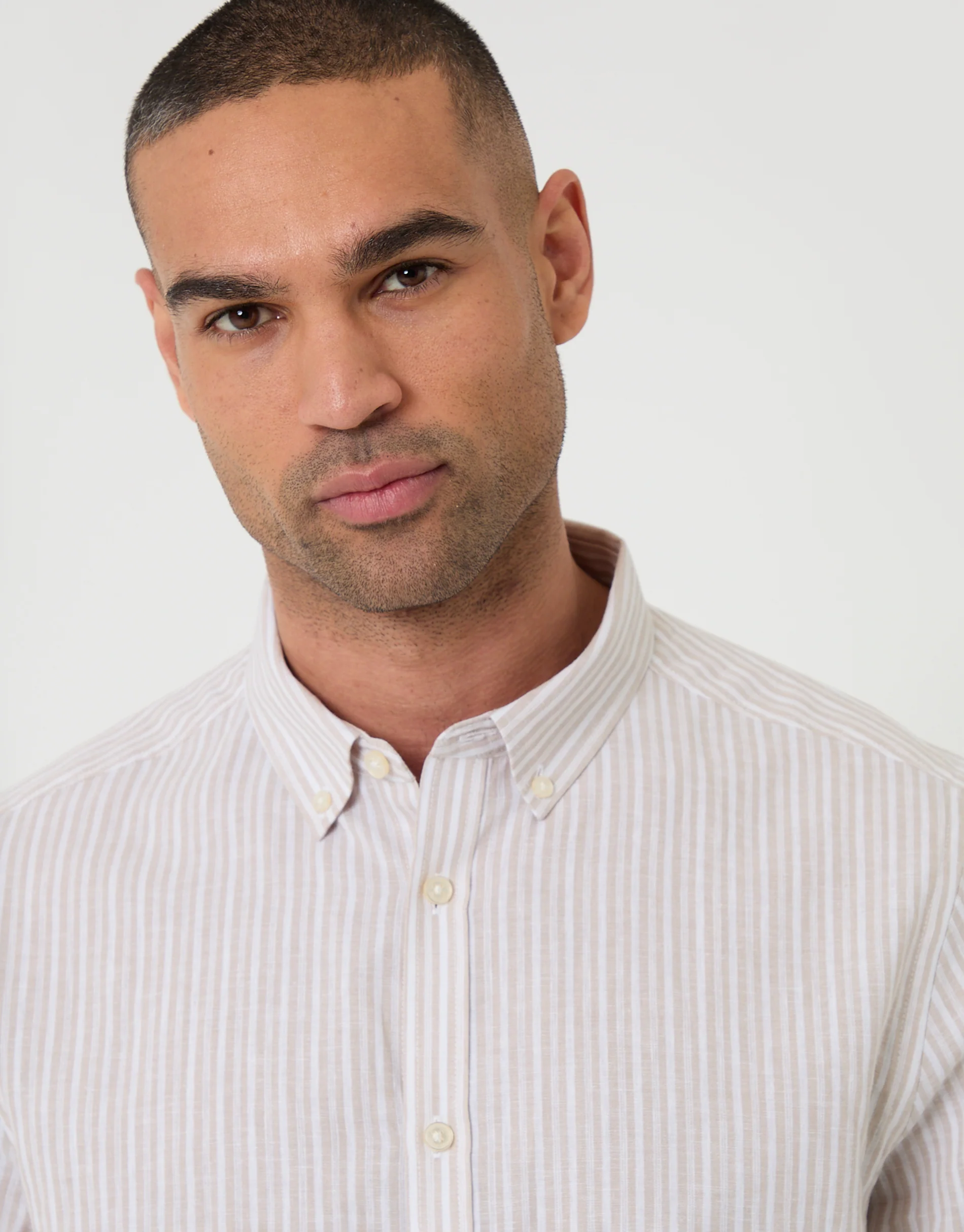 Linen Cotton Blend Long Sleeve Shirt in Stone Stripe - Image 5