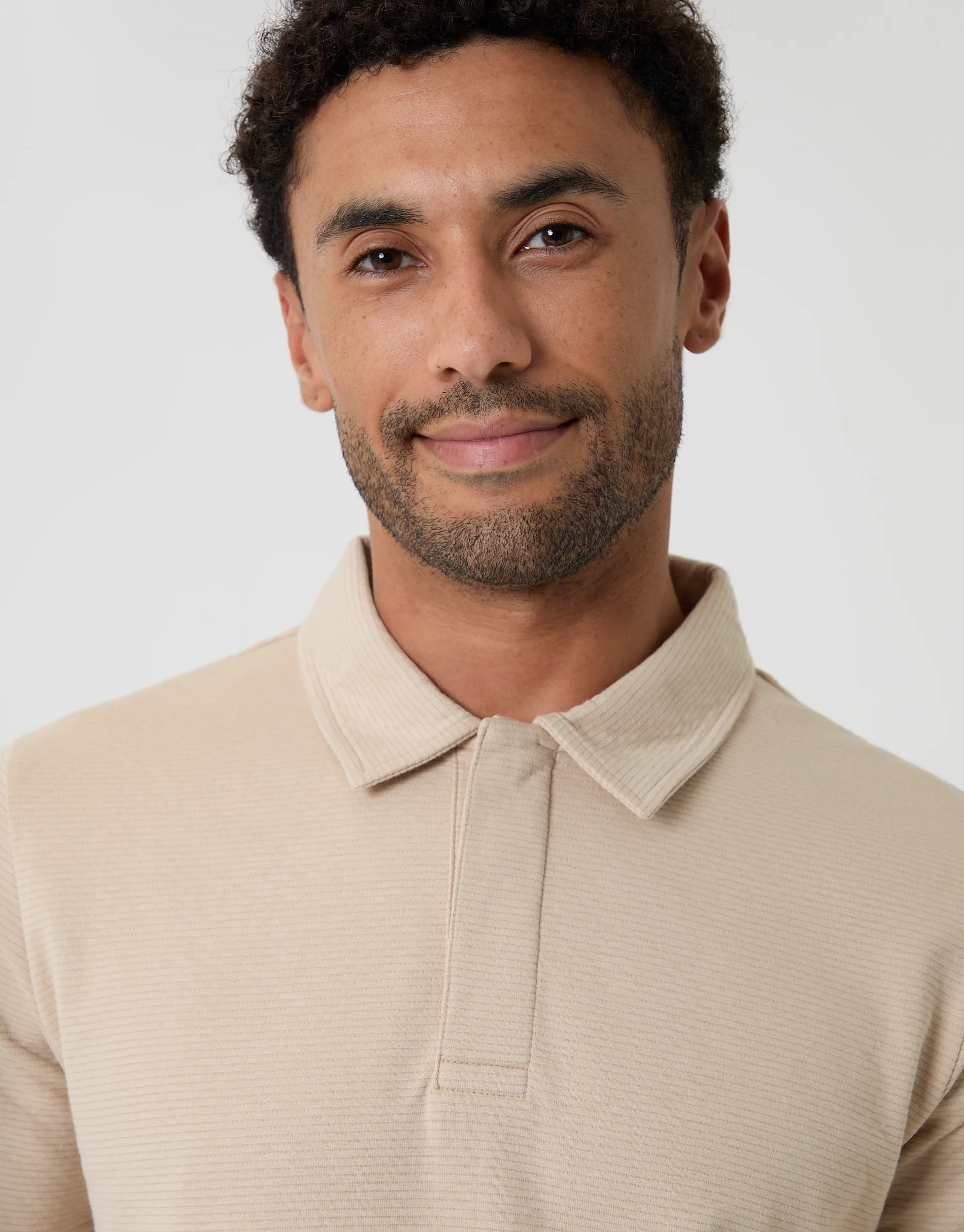 Textured Hidden Placket Polo Shirt in Stone - Image 4