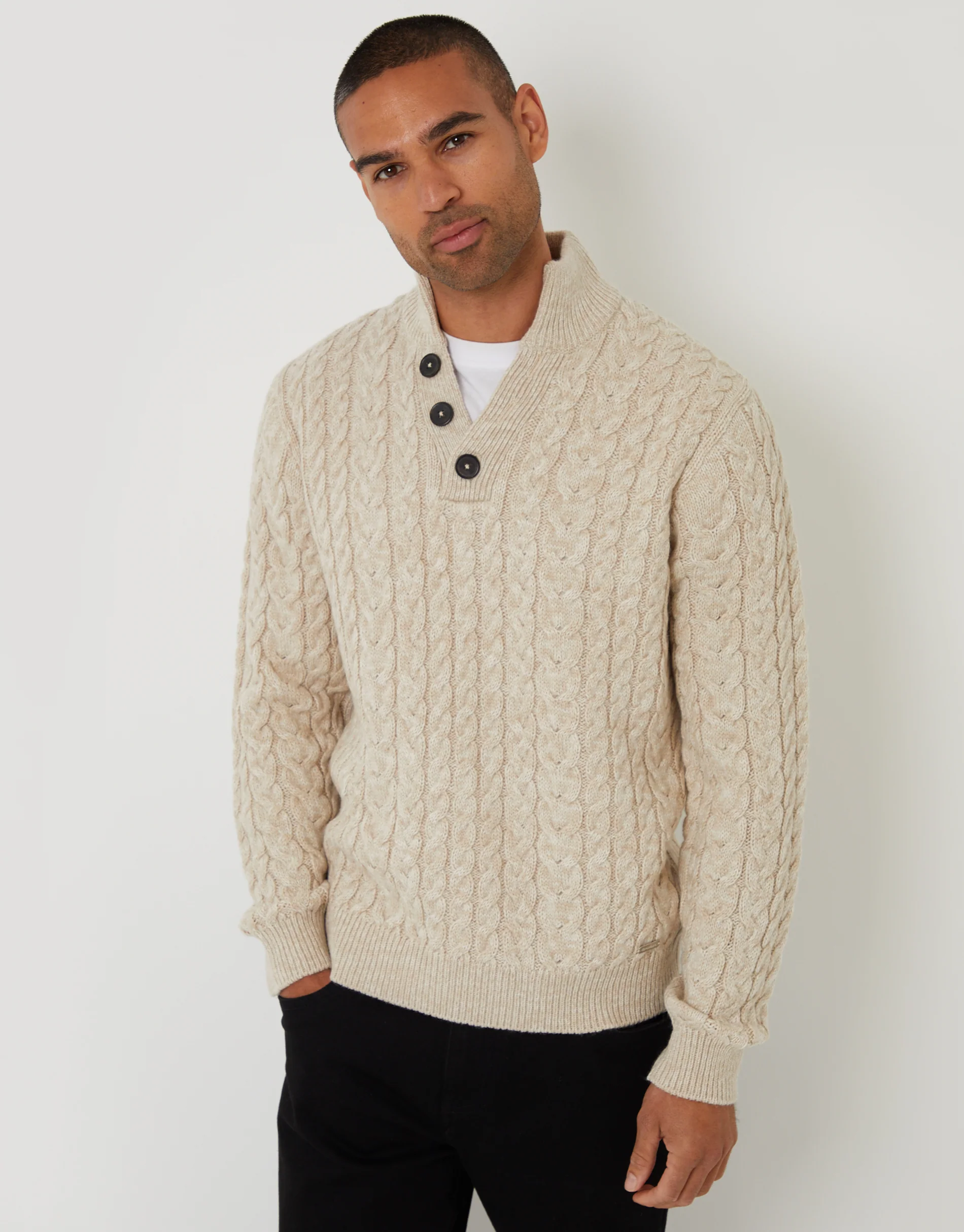Funnel Neck Cable Knit Jumper in Stone Twist