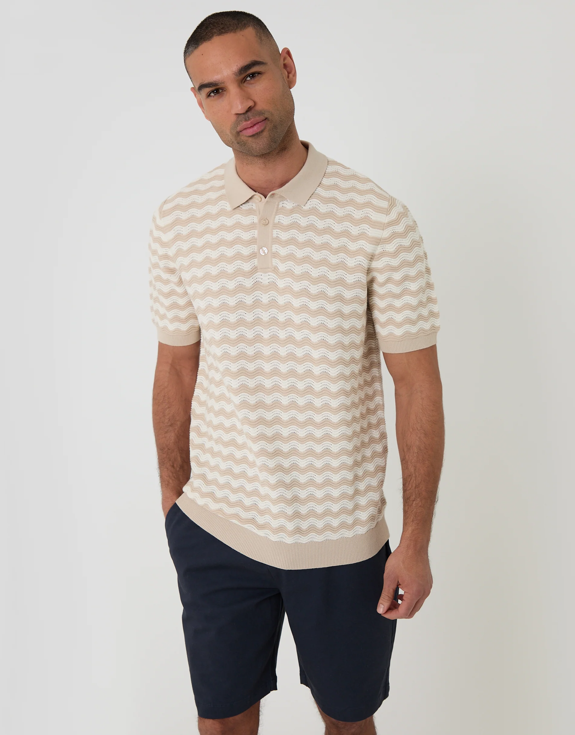 Wavy Textured Knitted Polo in Stone Stripe