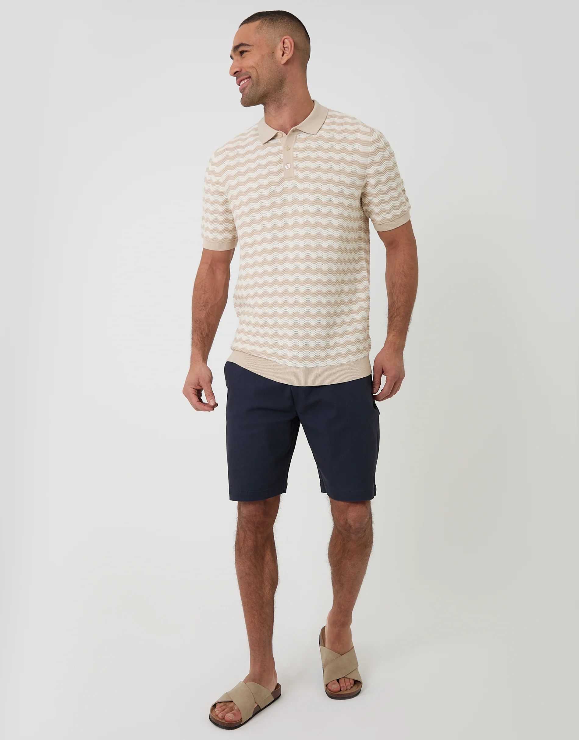 Wavy Textured Knitted Polo in Stone Stripe - Image 3