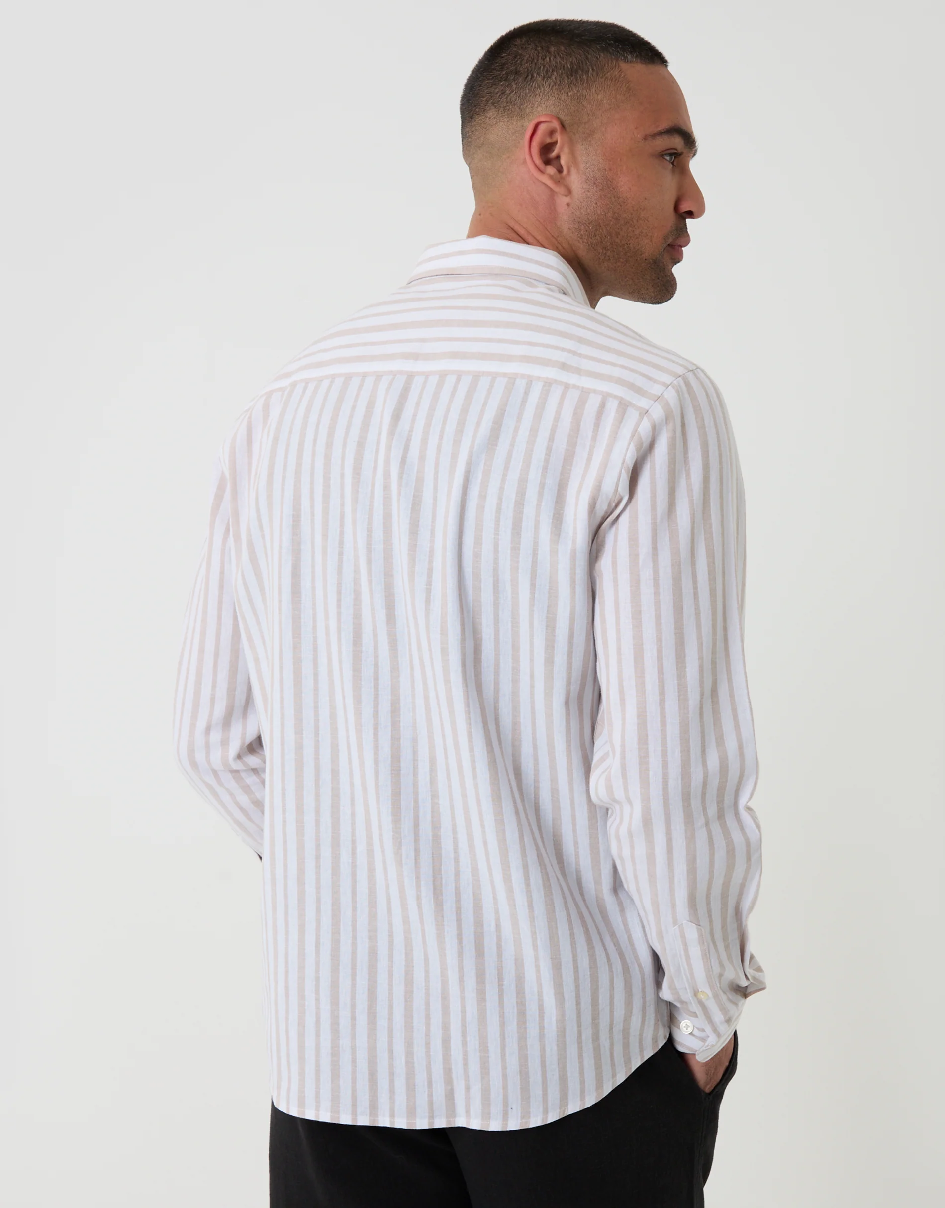Wide Linen Cotton Blend Long Sleeve Shirt in Stone Stripe - Image 2