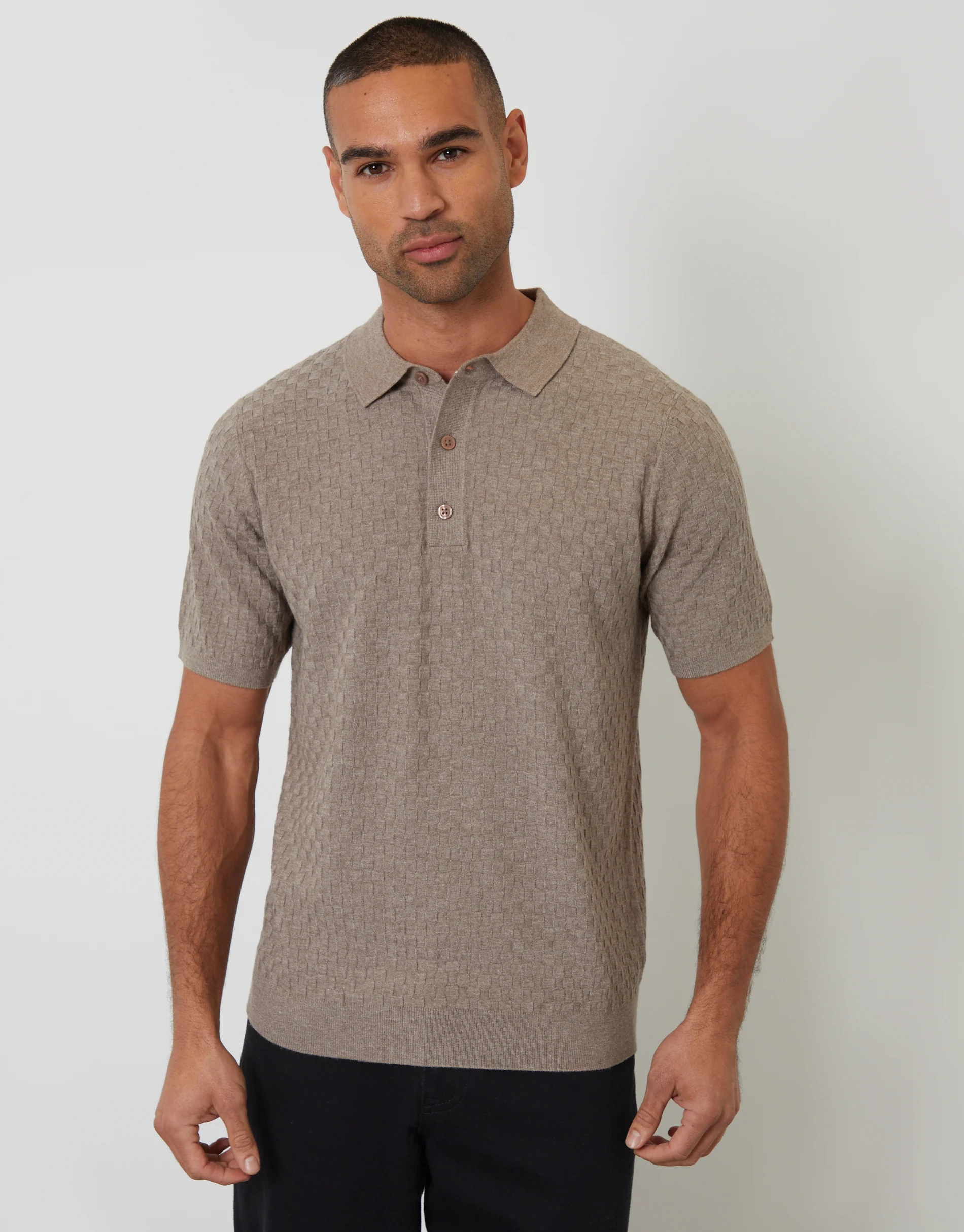 Basket Stitch Knitted Polo in Taupe