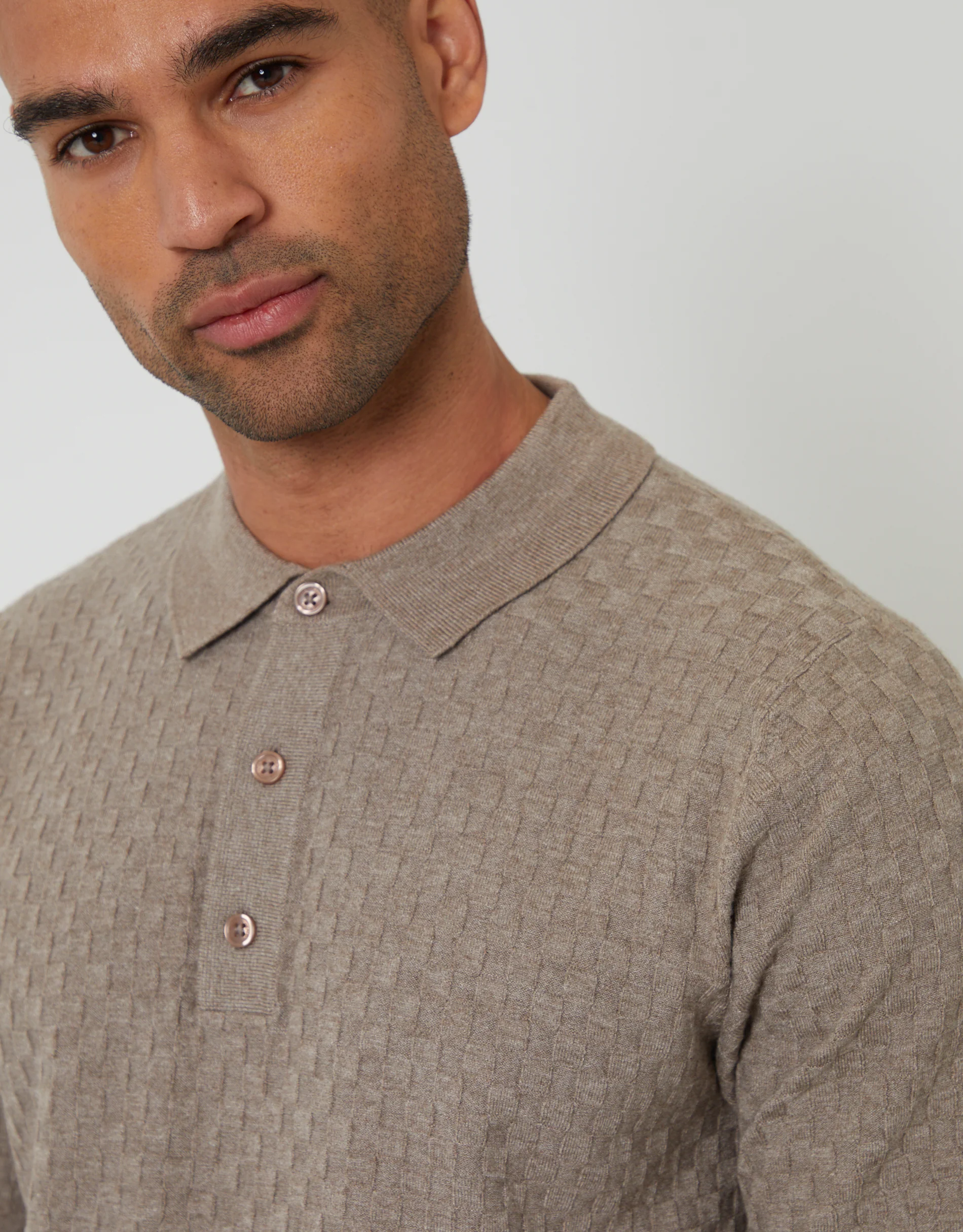 Basket Stitch Knitted Polo in Taupe - Image 4