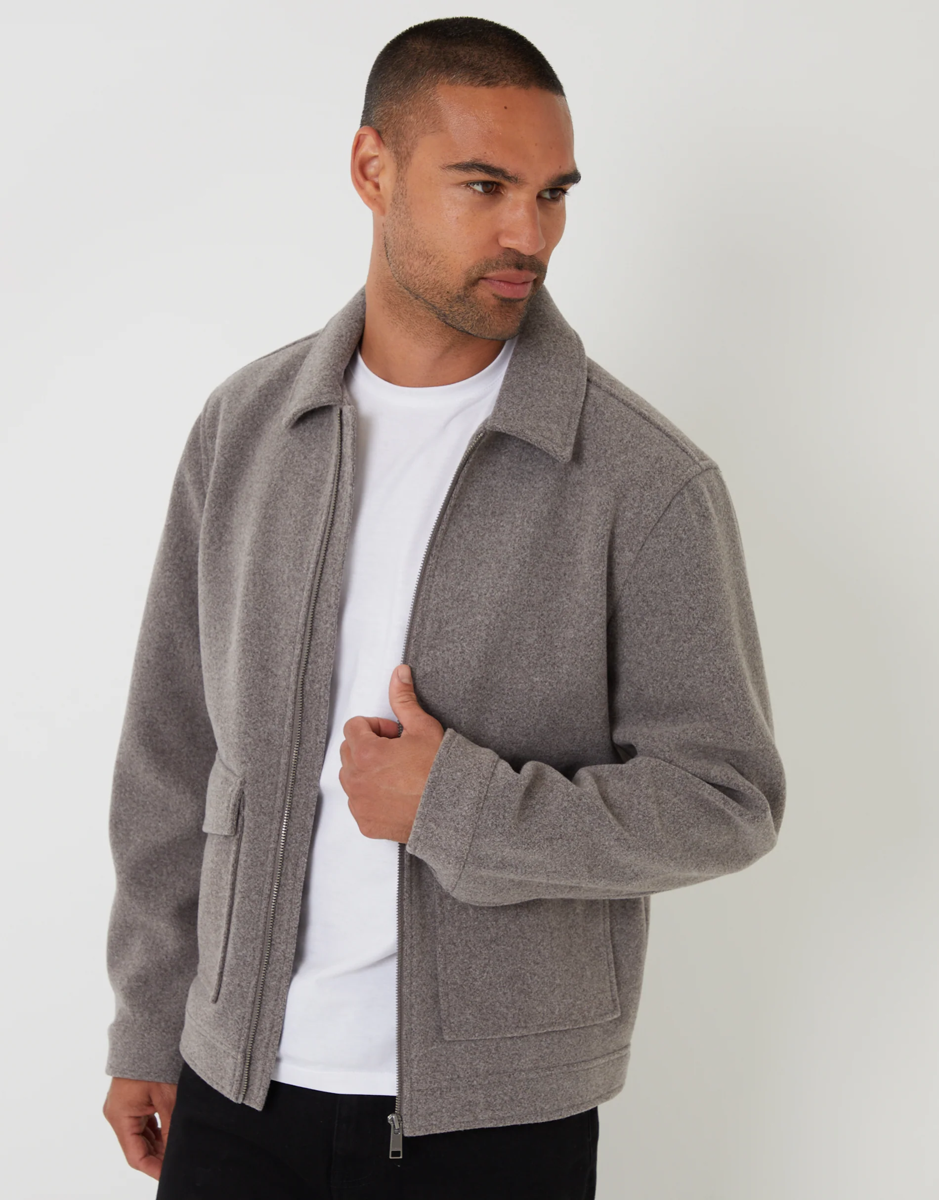 Faux Wool Collared Lightweight Utility Jacket in Taupe