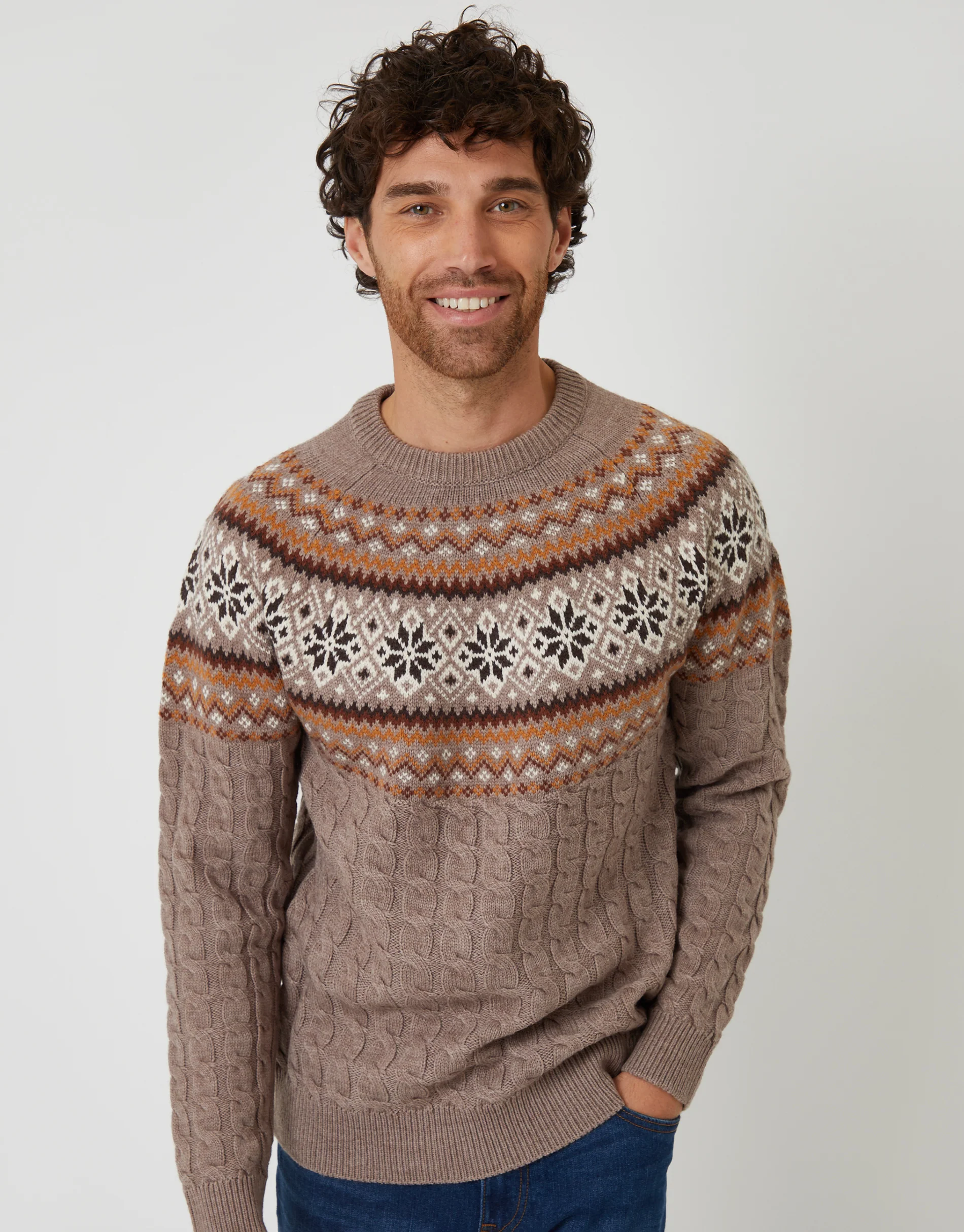 Cable Knit Fairisle Crew Neck Christmas Jumper in Taupe