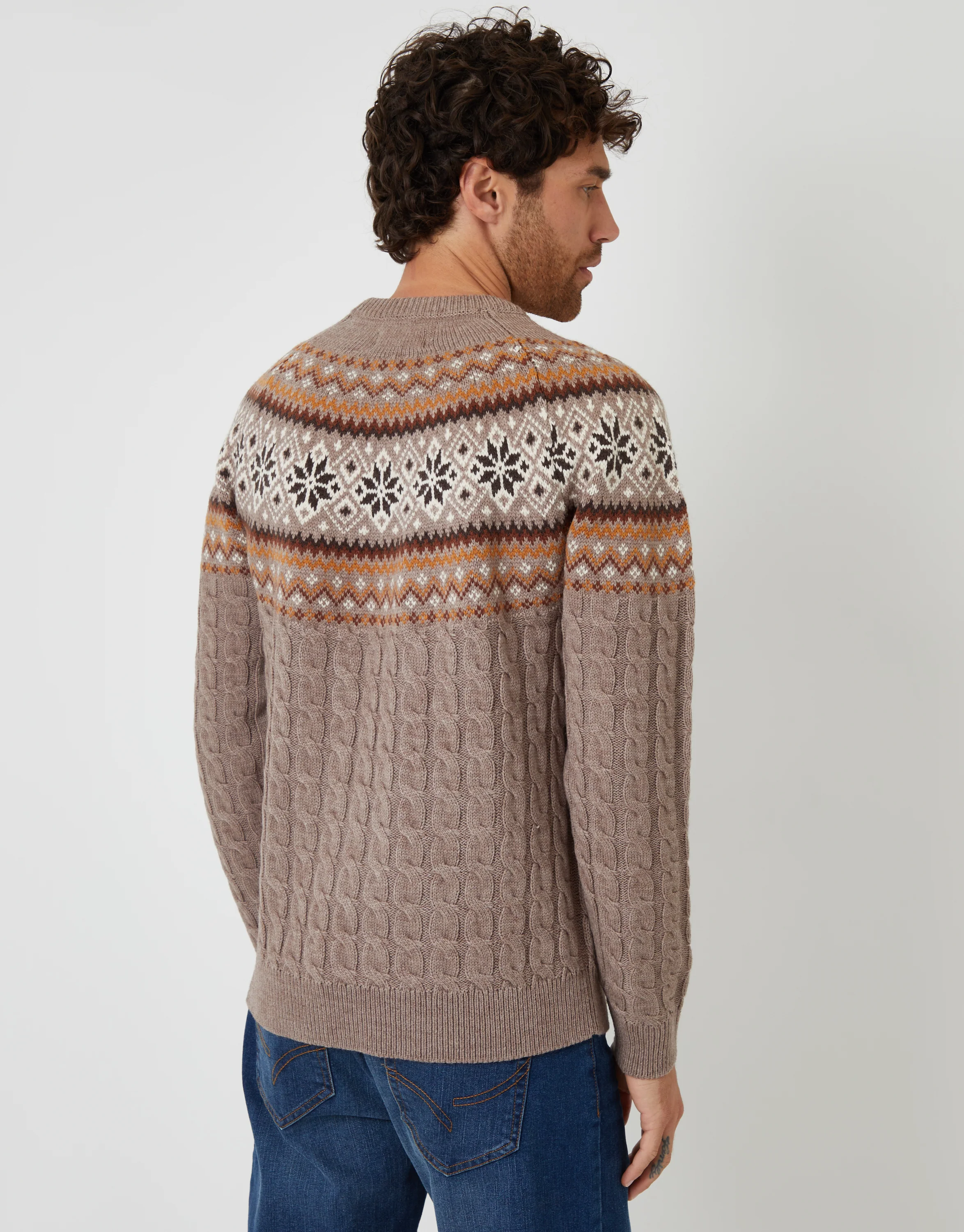 Cable Knit Fairisle Crew Neck Christmas Jumper in Taupe - Image 2