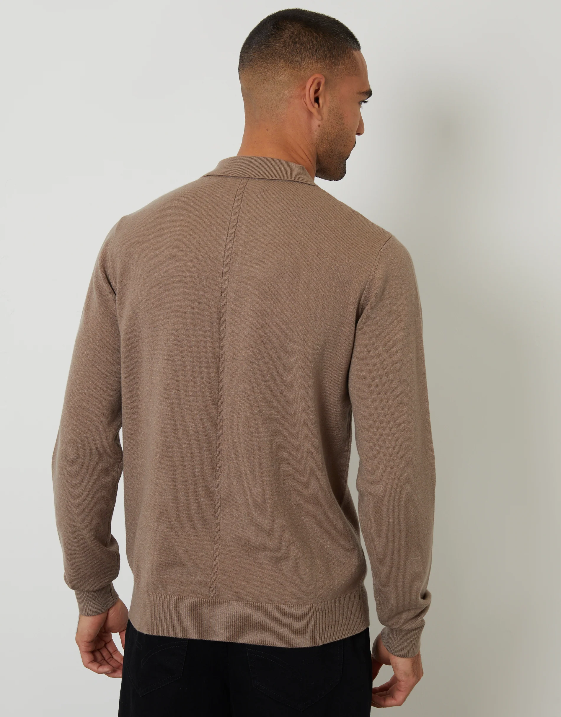 Cable Knit Long Sleeve Polo Jumper in Taupe - Image 2