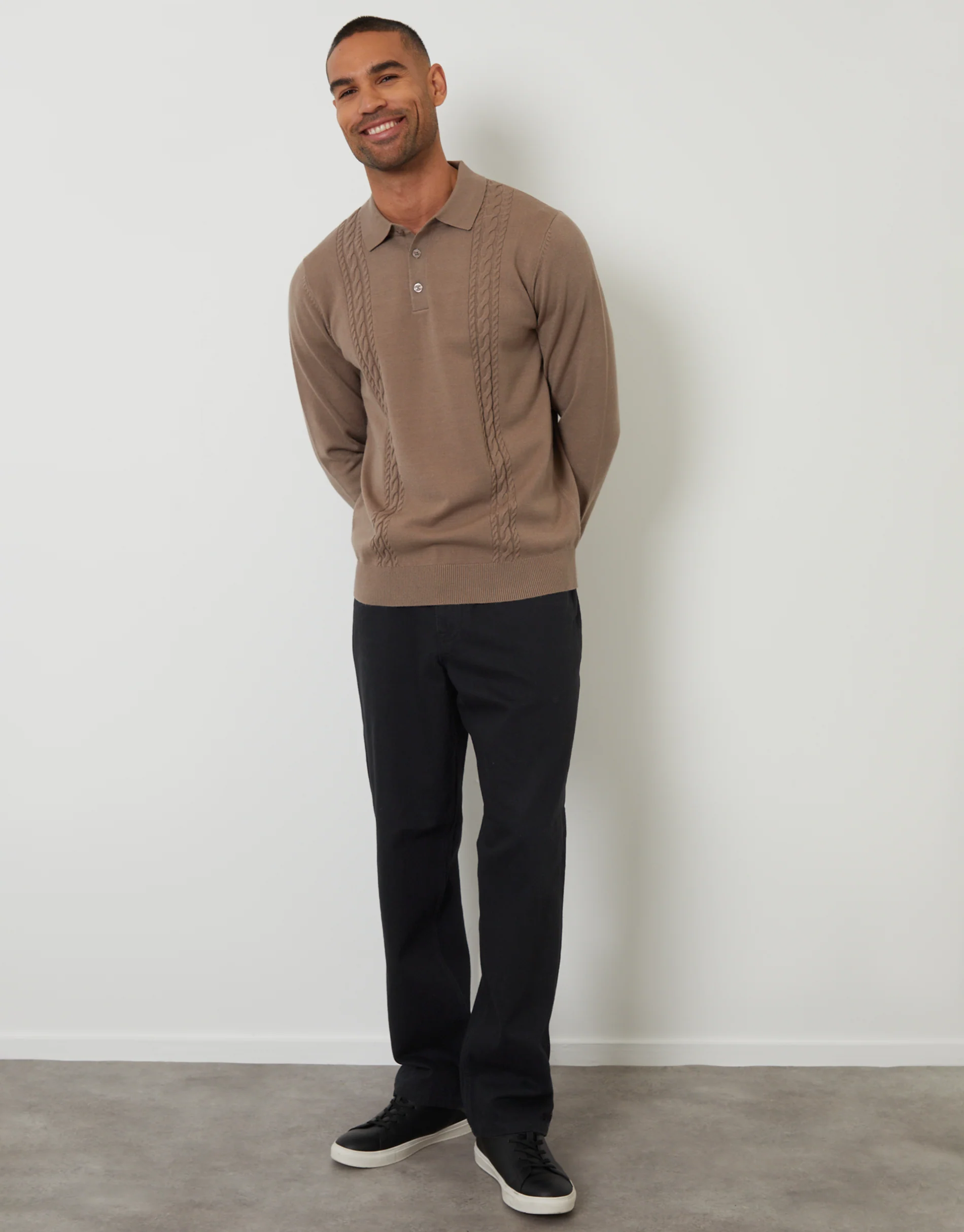 Cable Knit Long Sleeve Polo Jumper in Taupe - Image 3