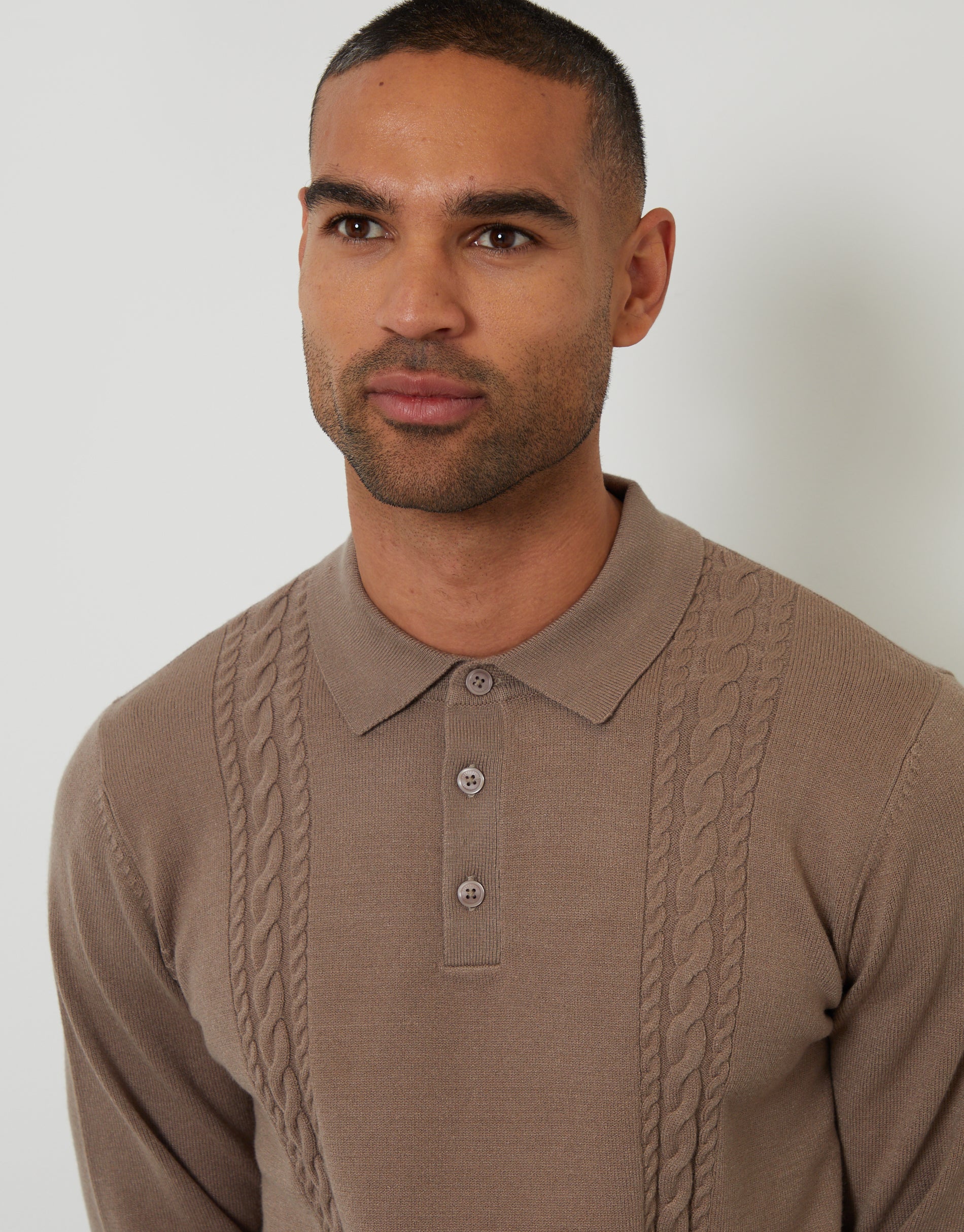 Cable Knit Long Sleeve Polo Jumper in Taupe - Image 4