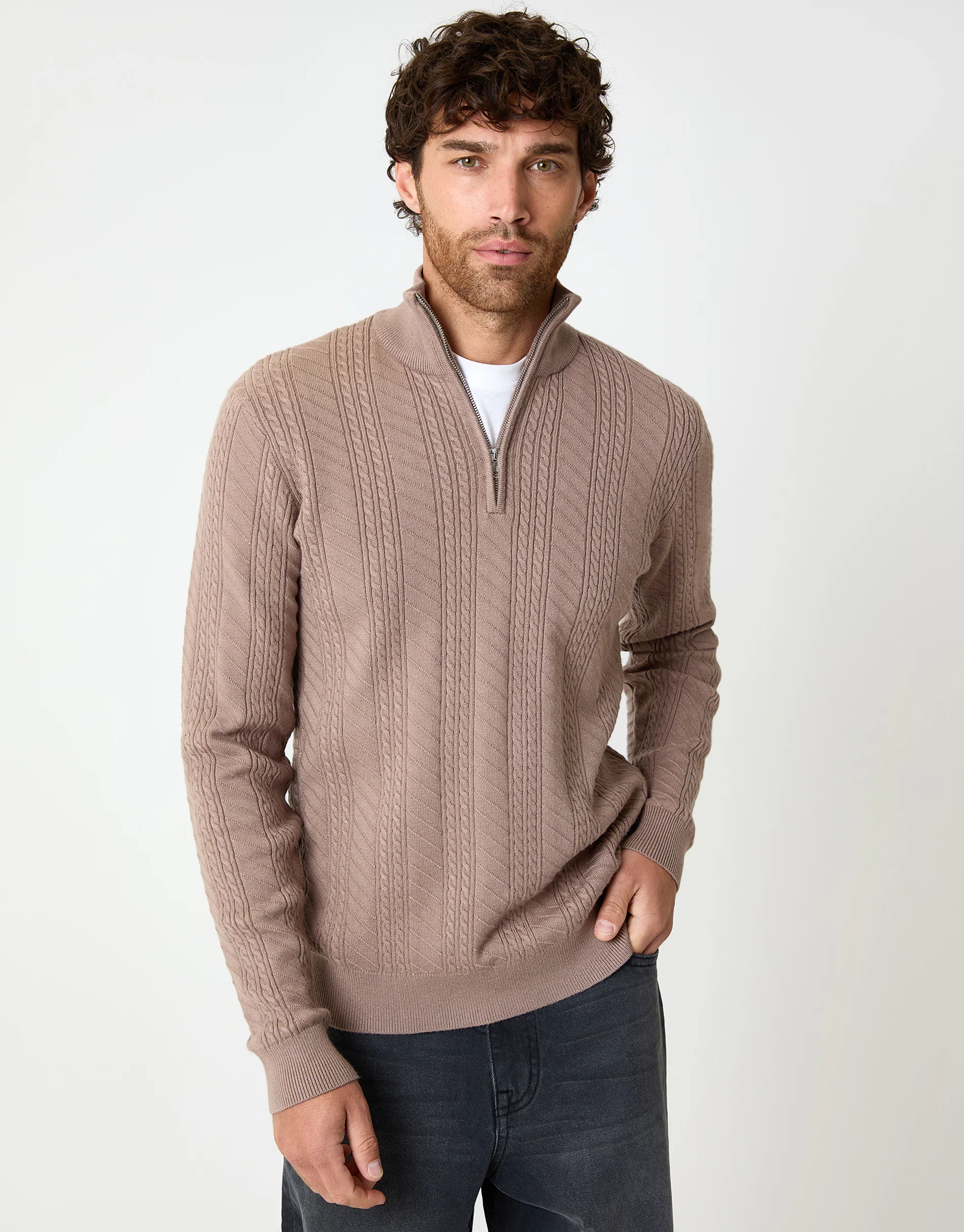 Cable Knit Quarter Zip Jumper in Taupe
